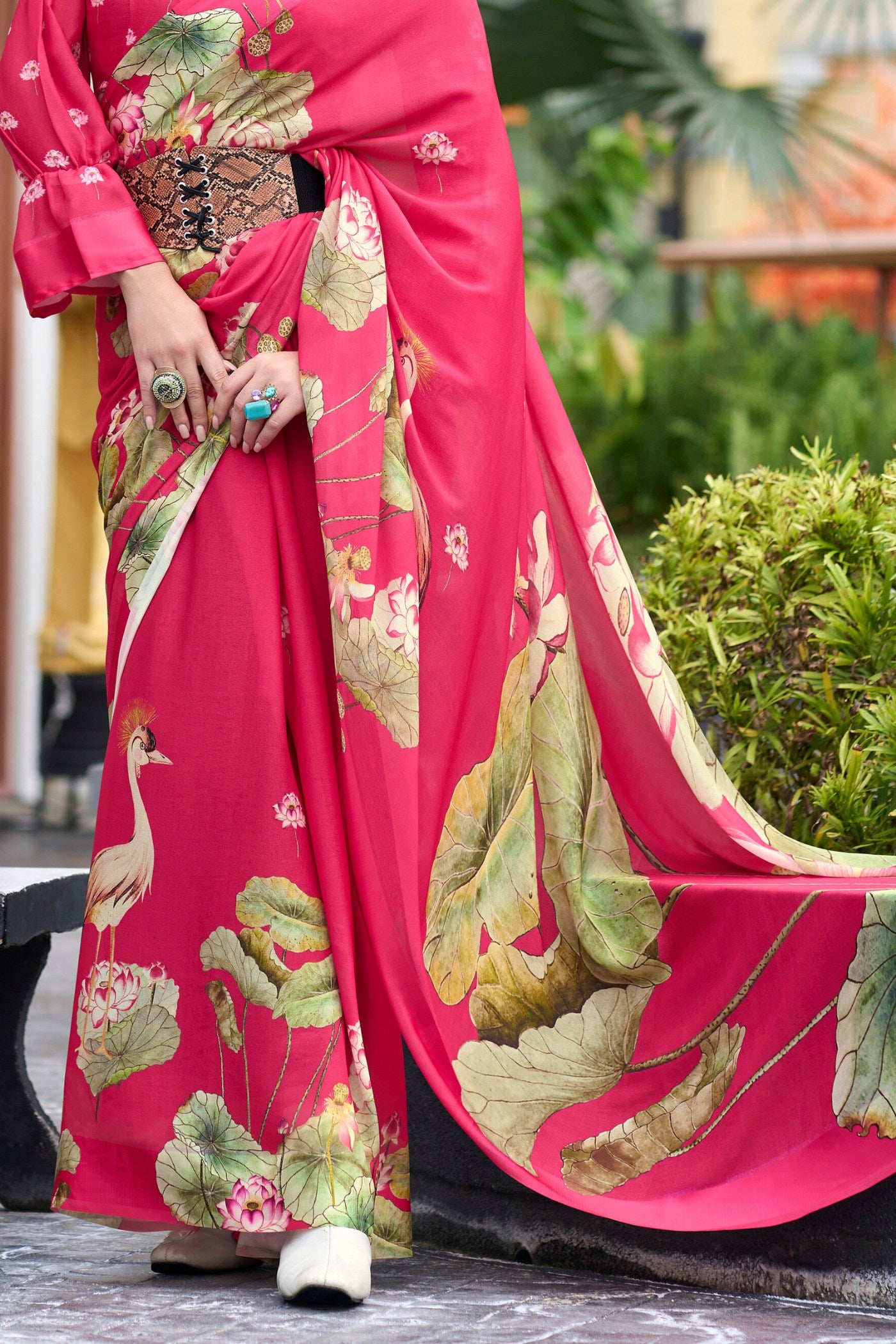 Buy MySilkLove Strawberry Pink Printed Georgette Saree Online