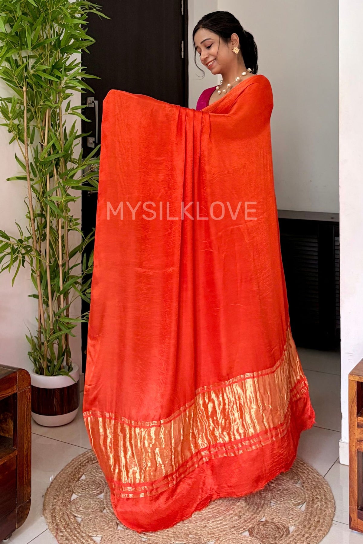 Buy MySilkLove Terracotta Orange Modal Pure Gajji Silk Saree with Lagdi Zari Pallu Saree Online