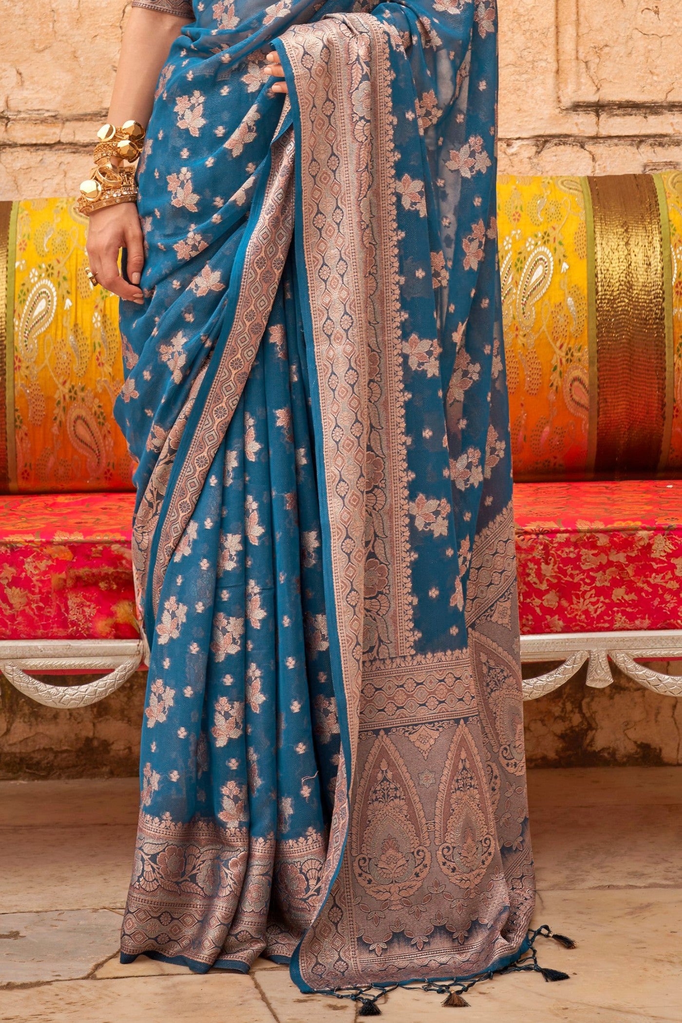 Buy MySilkLove Olympic Blue Zari Woven Georgette Saree Online