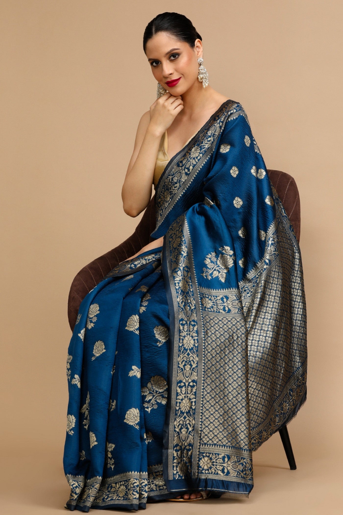 MySilkLove Bismark Blue Woven Jacquard Lichi Silk Saree