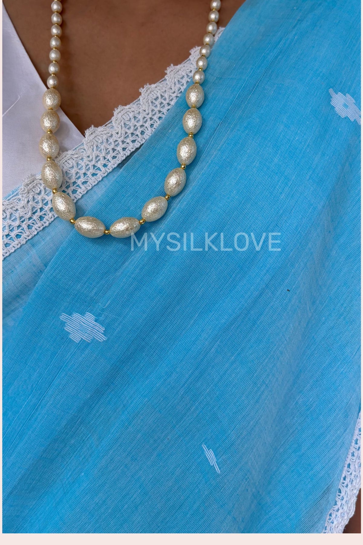 Buy MySilkLove Water Blue Pure Mul Mul Cotton With White Lace Saree Online