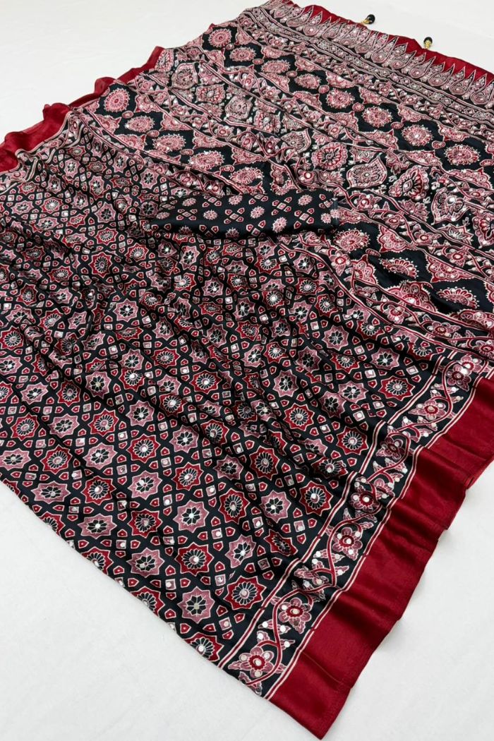 Buy MySilkLove Evergreen and Red Modal Ajrakh Satin Printed Mirror Work Saree Online