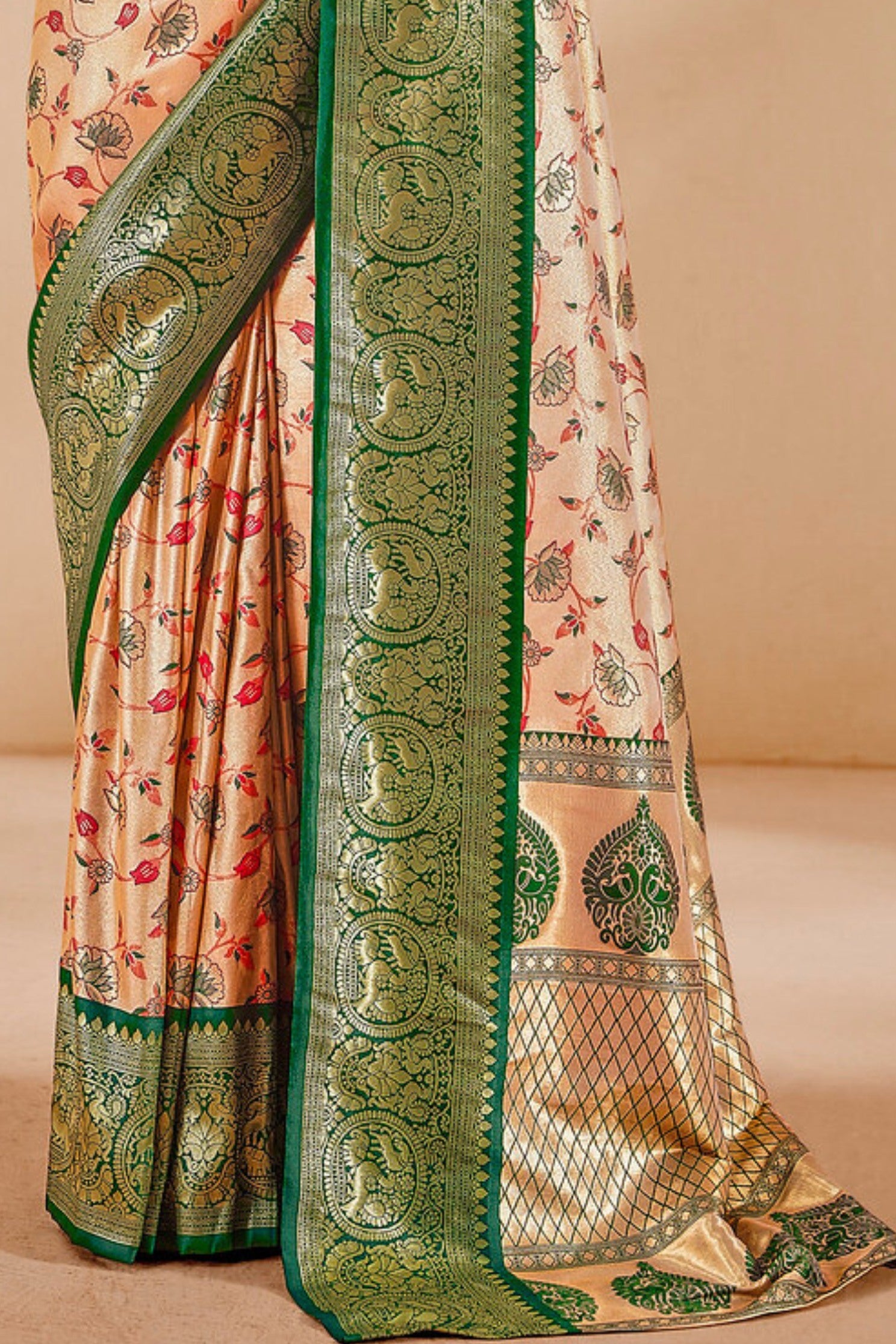 Buy MySilkLove Twine Cream and Green Zari Woven Banarasi Saree Online