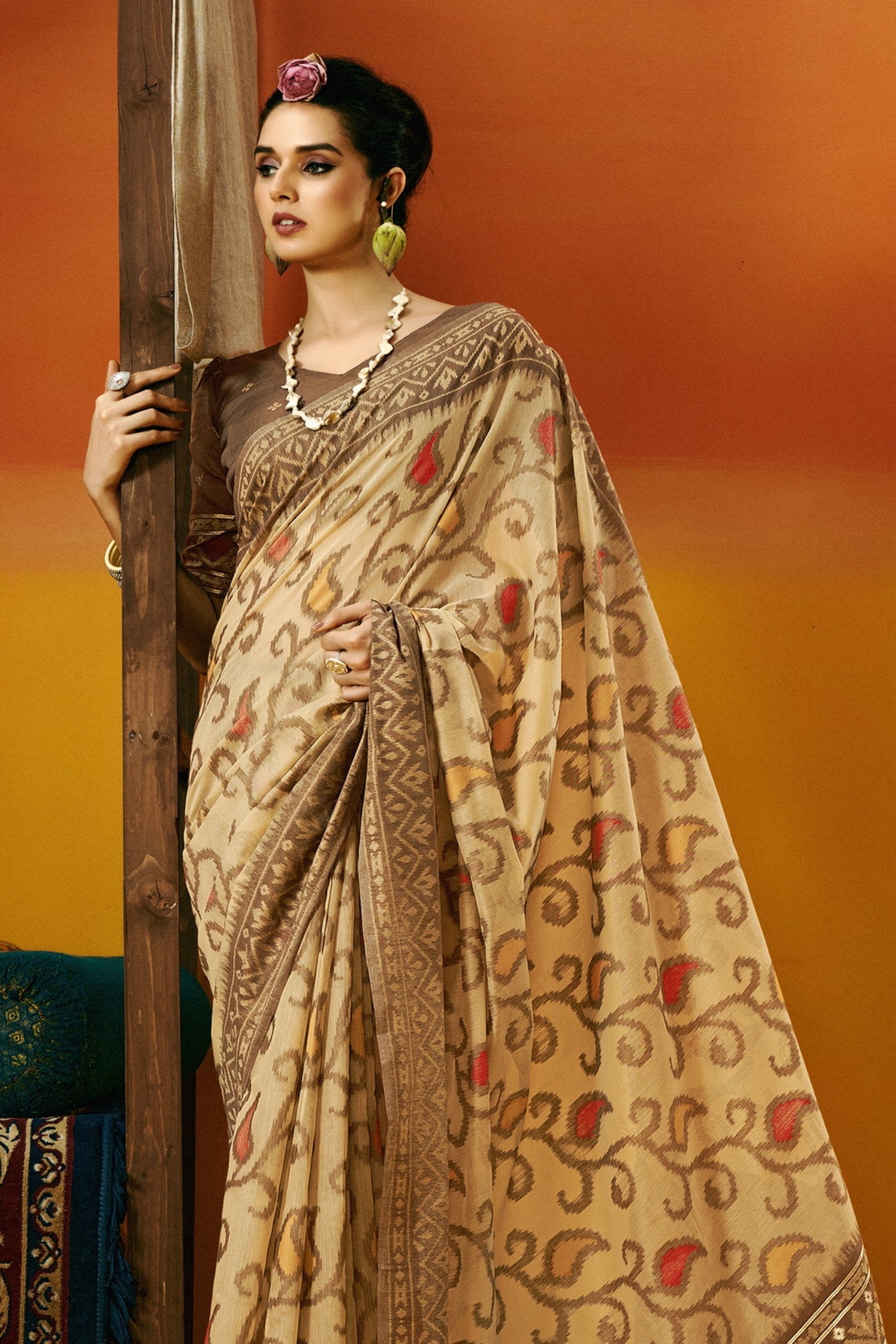 Buy MySilkLove Bullet Shell Cream Handloom Jamdani Saree Online