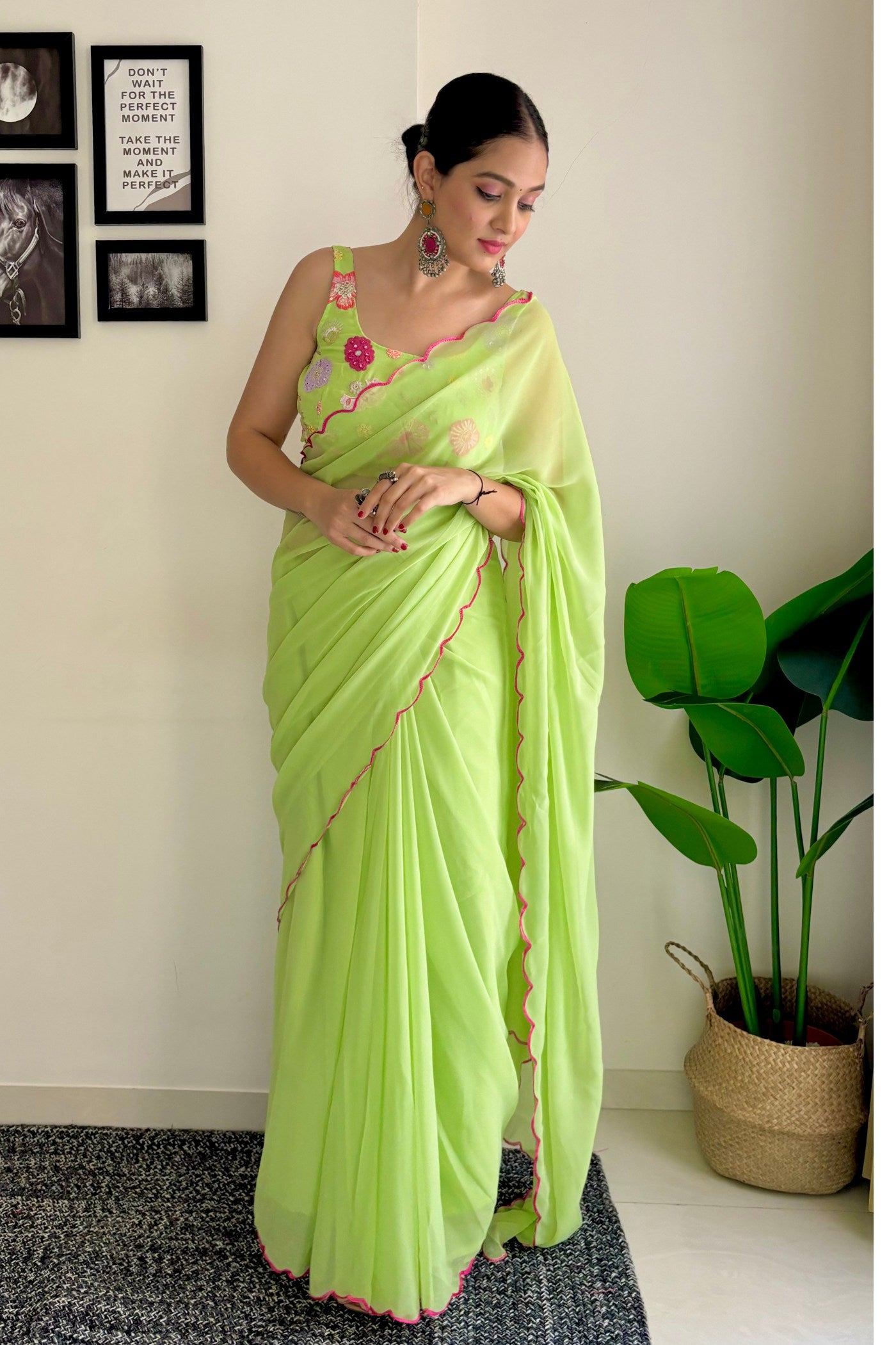 Buy MySilkLove Pear Green Gerogette Saree Online