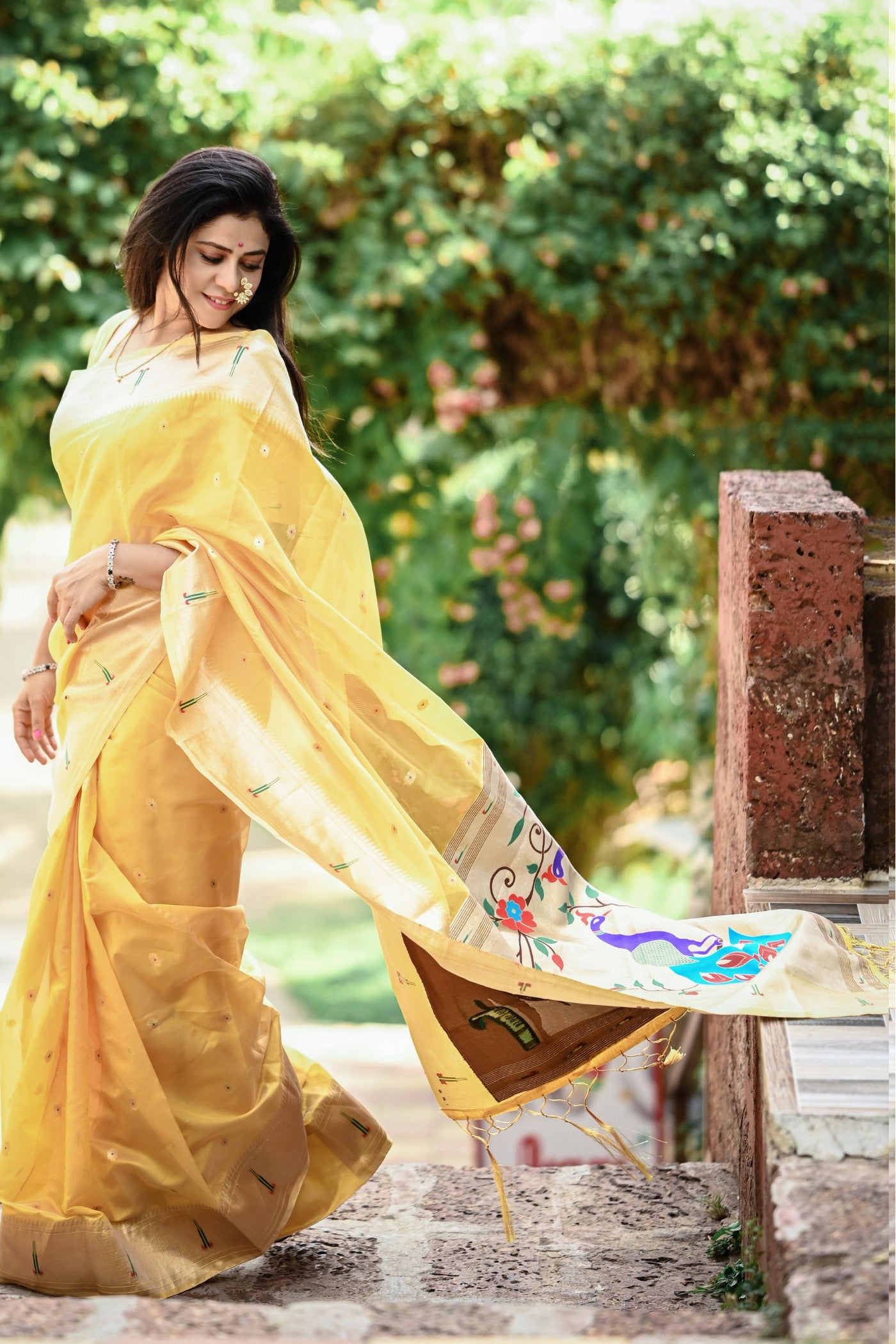 Buy MySilkLove Bumblebee Yellow Organza Woven Paithani Saree Online