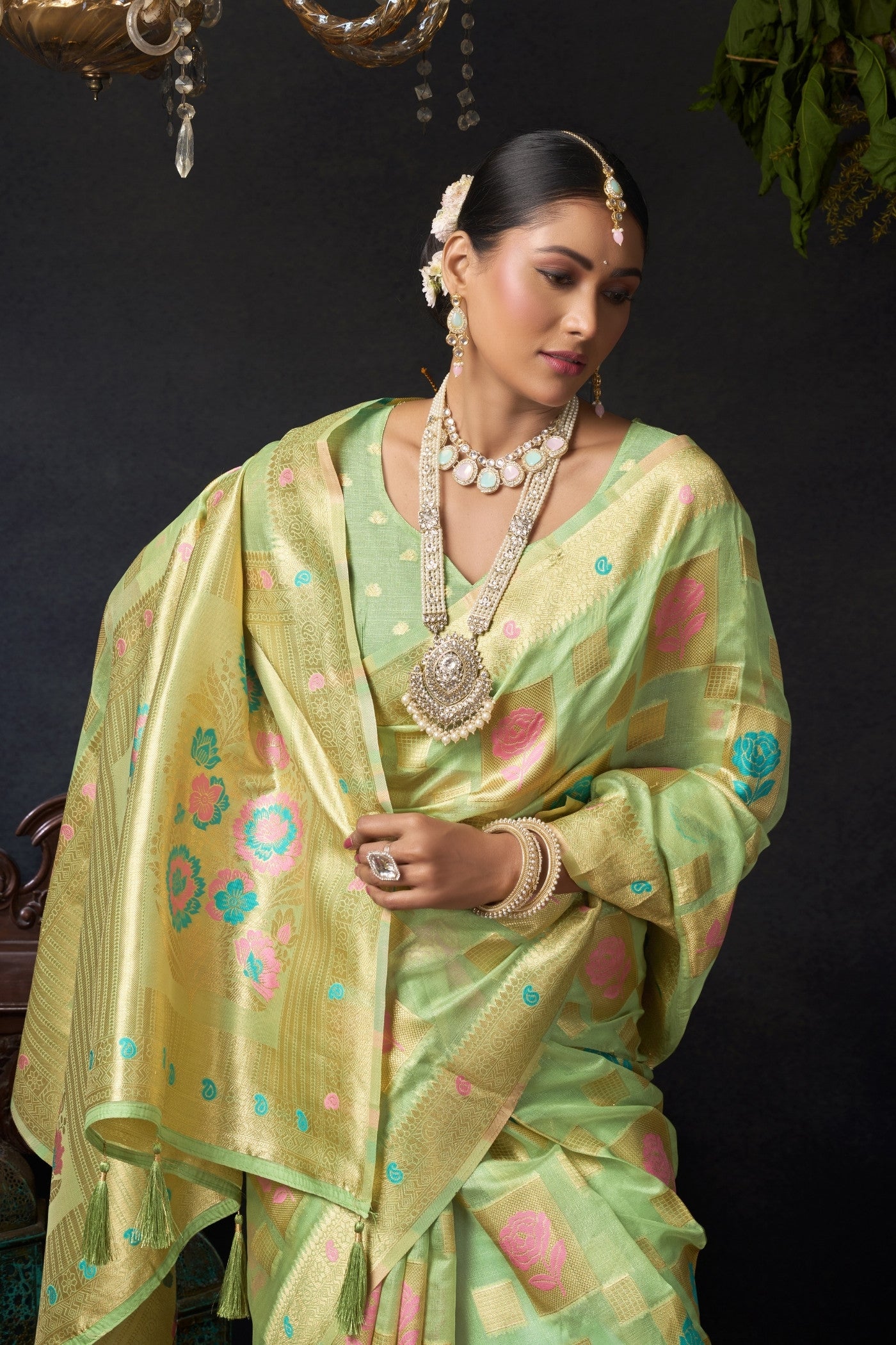 Buy MySilkLove Pista Green Woven Banarasi Organza Saree Online