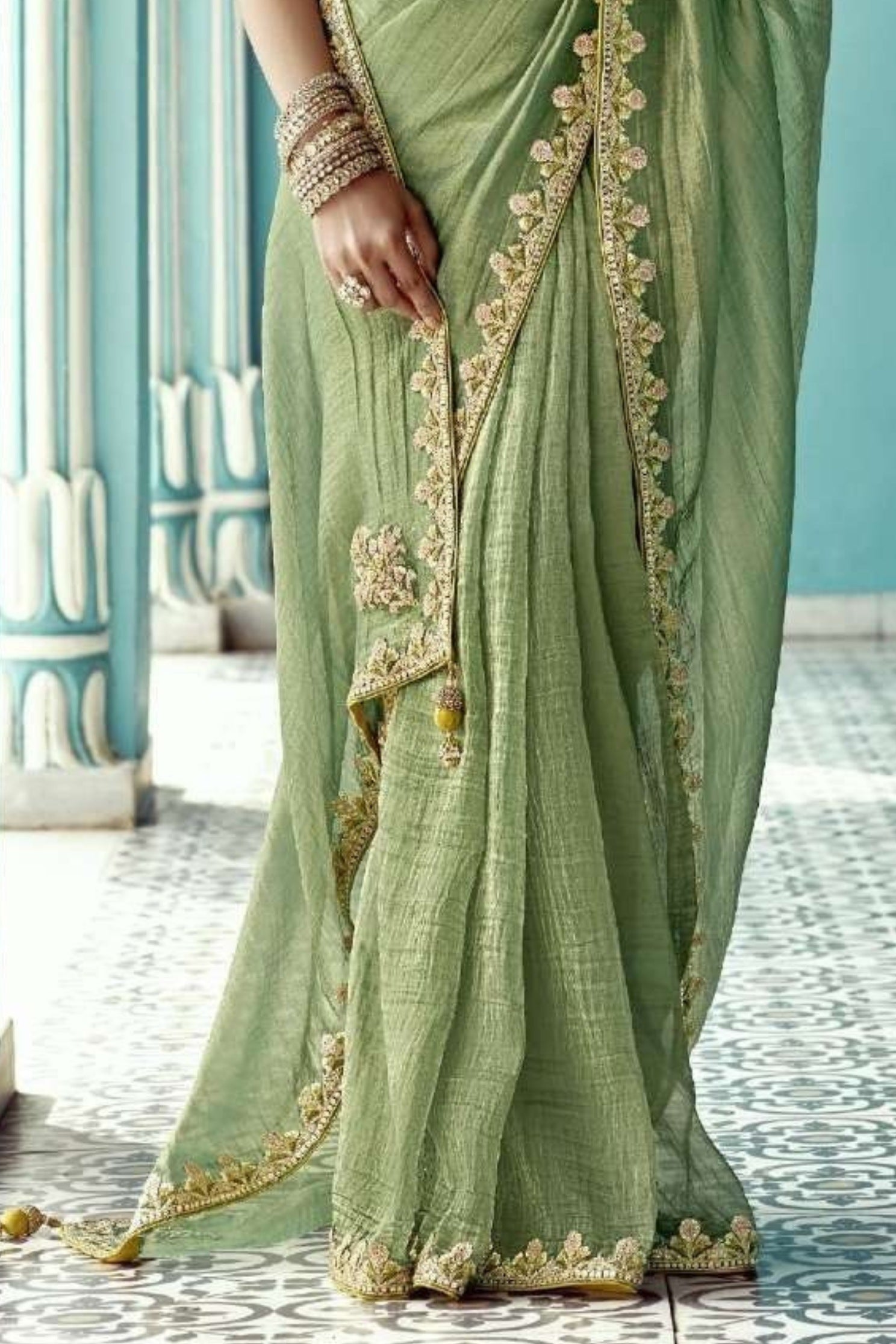 Buy MySilkLove Lichen Green Embroidered Tissue Designer Saree Online