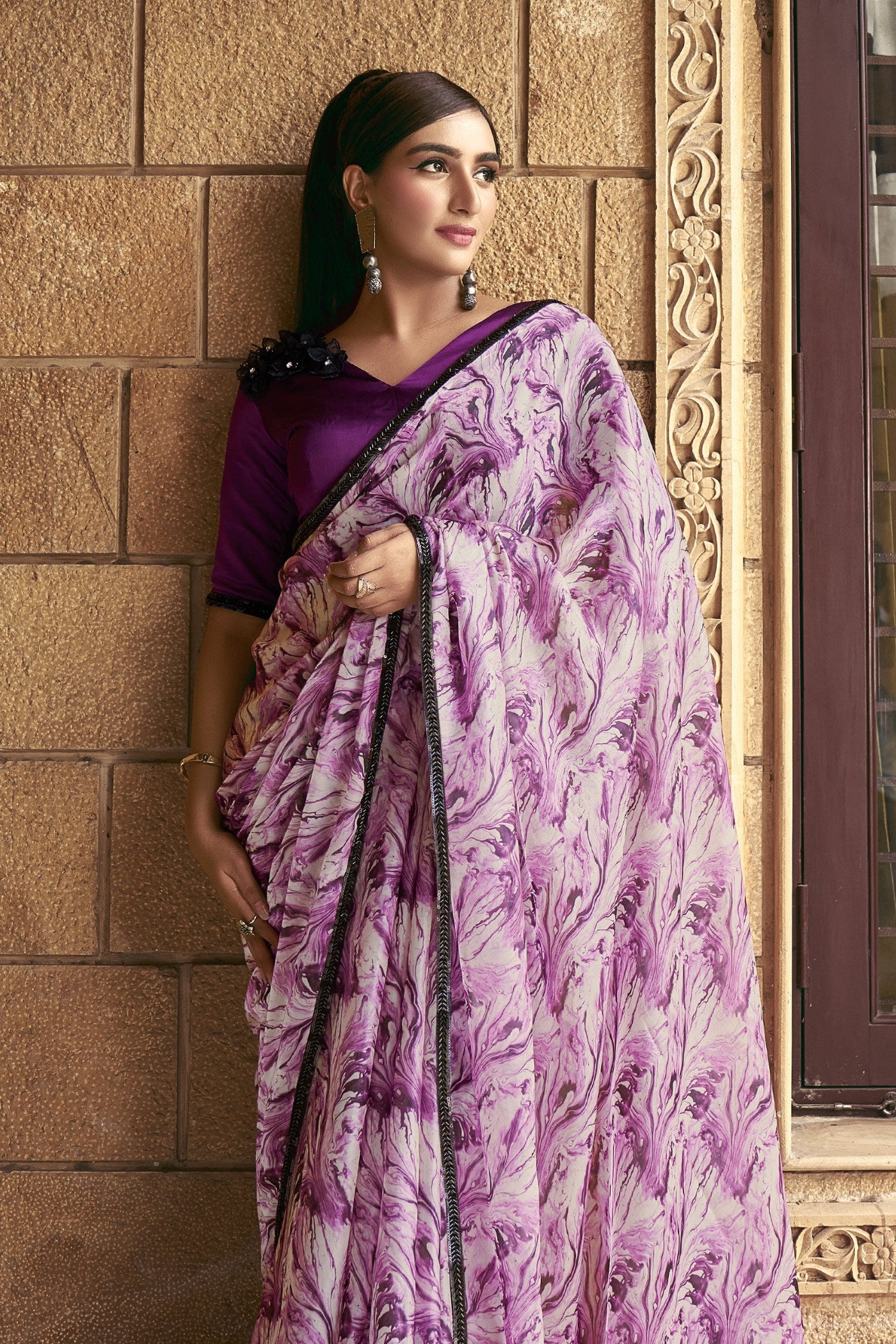 Buy MySilkLove Sugar Plum Purple Satin Printed Silk Saree Online