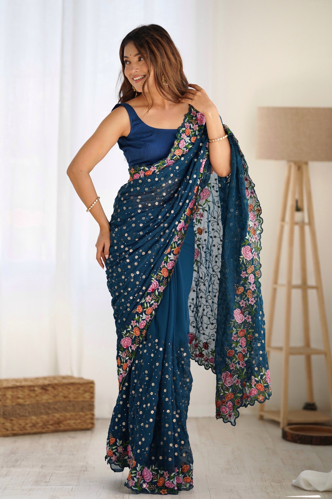 Buy MySilkLove Blue Stone Embroidered Georgette Saree Online