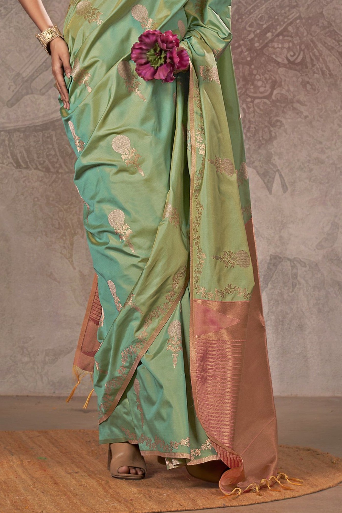 Buy MySilkLove Pickle Green Two Tone Banarasi Handloom Saree Online