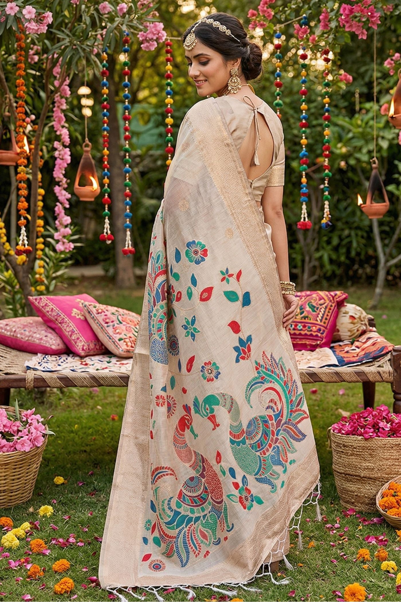 Buy MySilkLove Off-White Woven Linen Cotton Saree Online