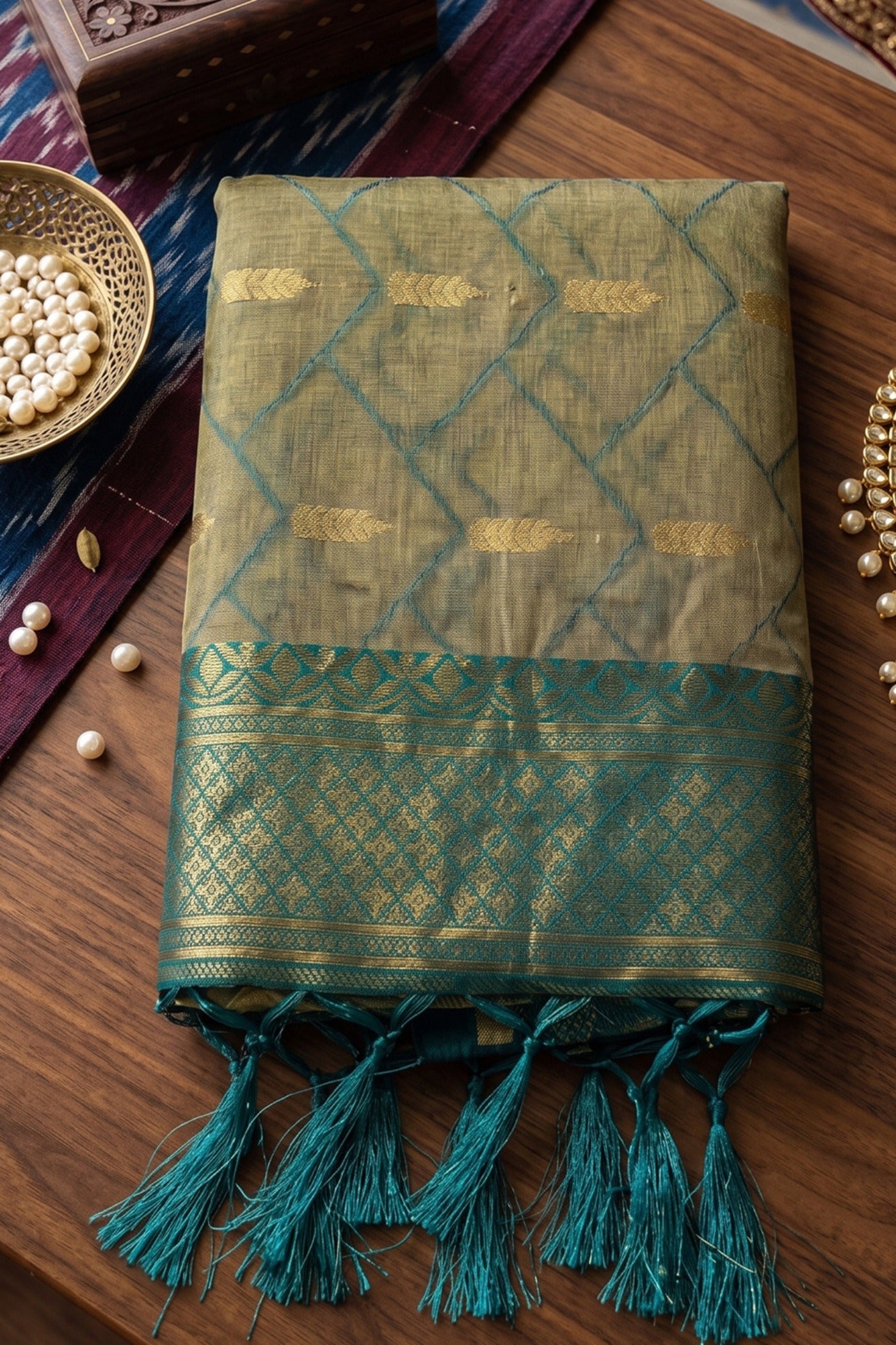 Buy MySilkLove Bone Cream and Green Woven Banarasi Cotton Saree Online