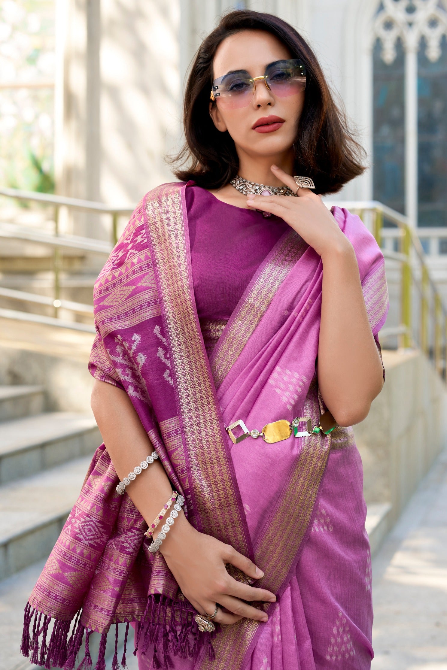 Buy MySilkLove Mega Pink Ikkat Woven Banarasi Saree Online