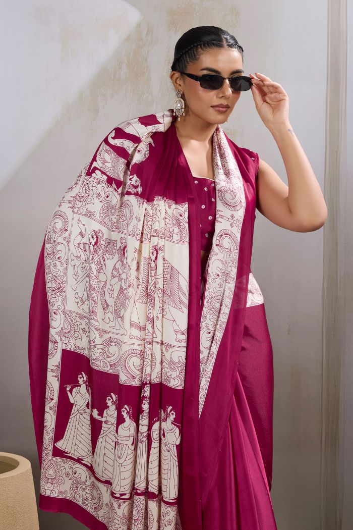MySilkLove Cherry Maroon Modal Ajrakh Printed Satin Silk Saree