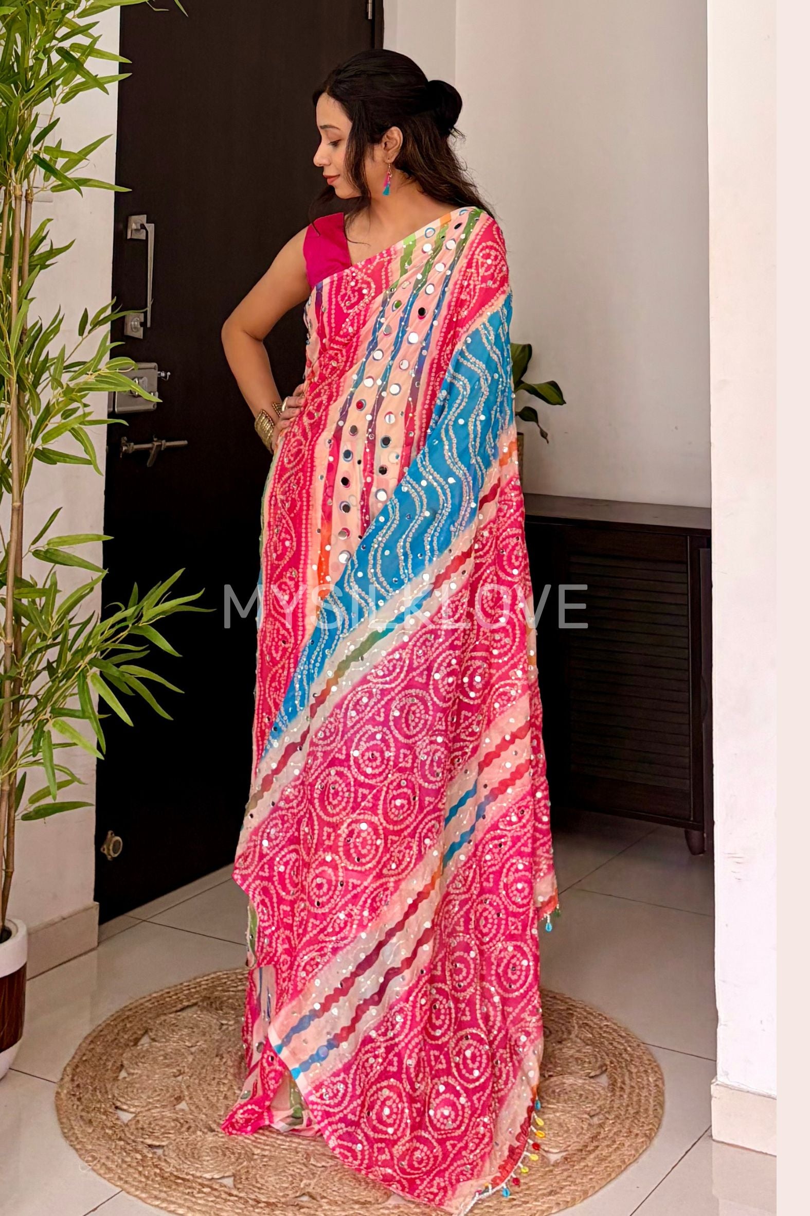 Buy MySilkLove Zareen Khan Inspired:  Pink and Blue Pure Georgette Mirror Work Saree Online