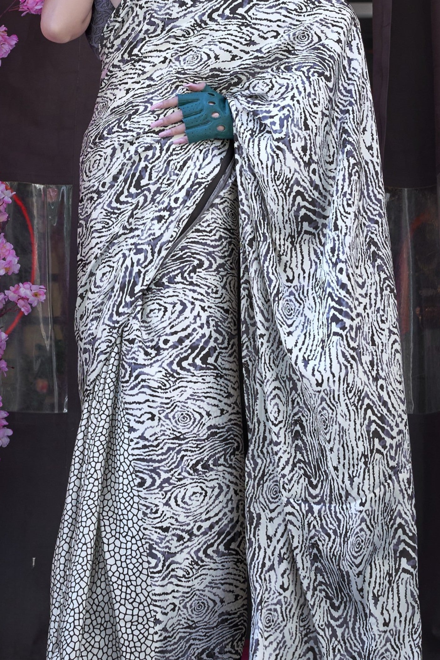 Buy MySilkLove Zebra Gery Printed Satin Crepe Silk Saree Online