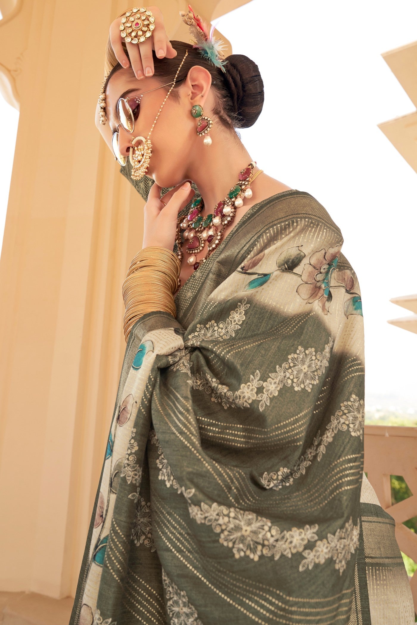 Buy MySilkLove Hemlock Green Floral Printed Banarasi Saree Online