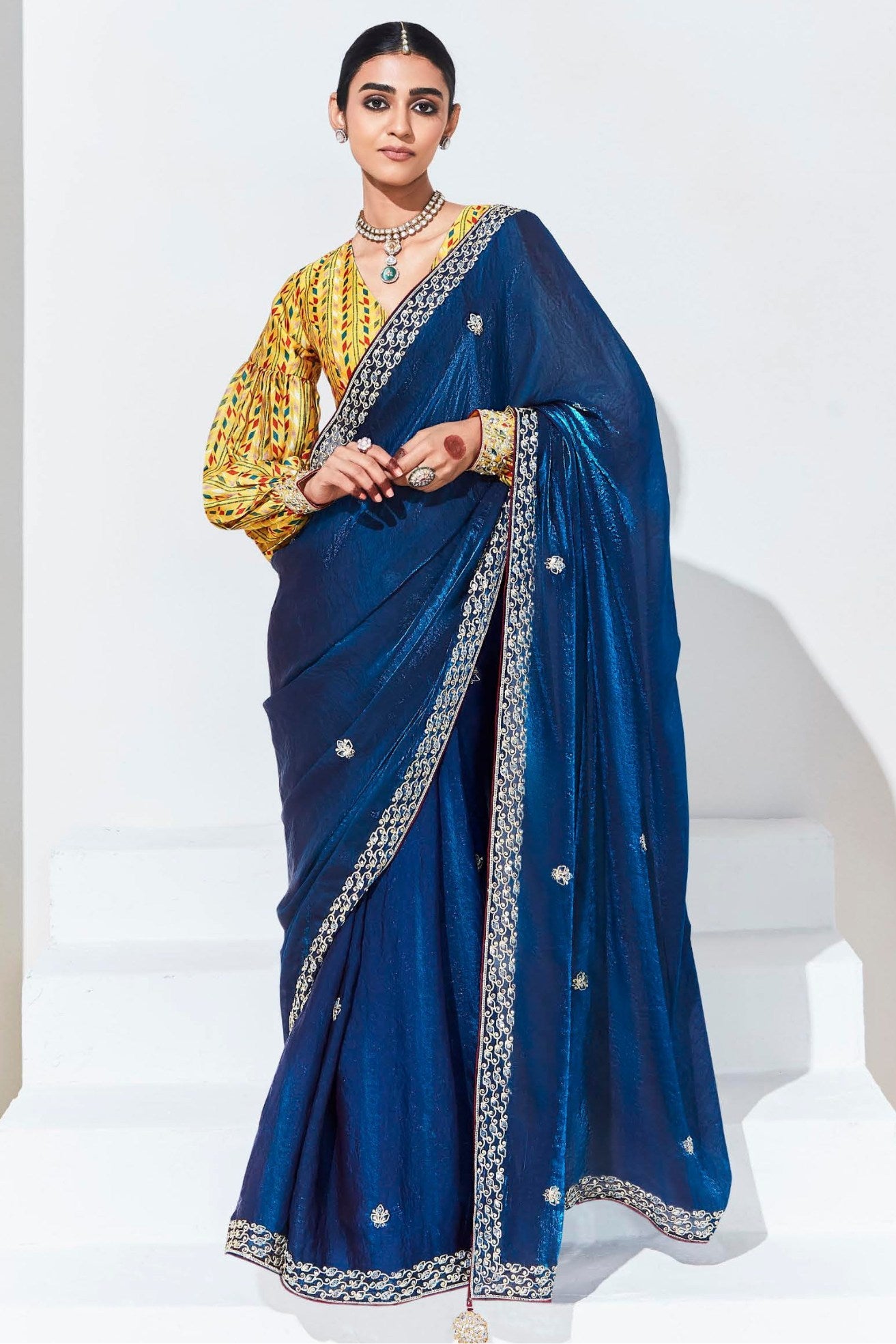 Buy MySilkLove Blue Zodiac Tissue Organza Designer Partywear Saree Online