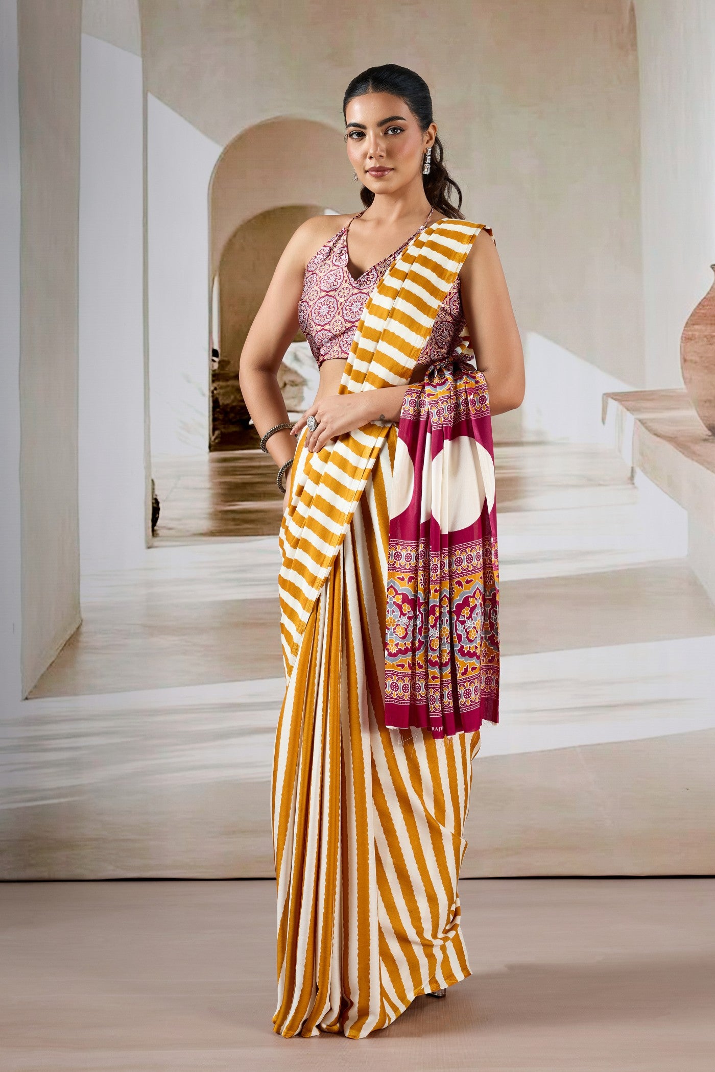 Buy MySilkLove Mango Pop Yellow Stripe Ajrakh Printed Satin Crepe Silk Saree Online