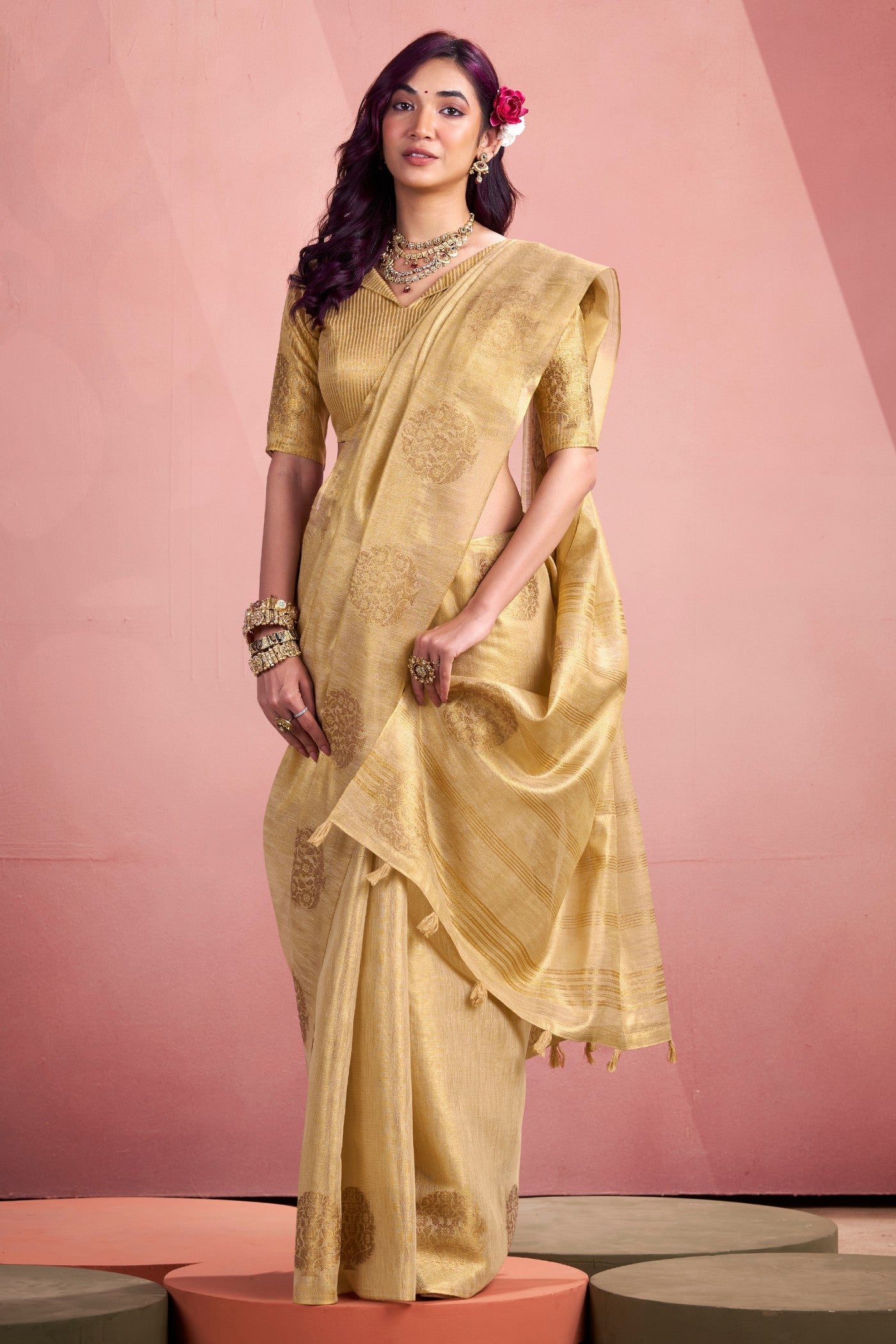 Buy MySilkLove Ivory Cream Zari Woven Tissue Saree Online