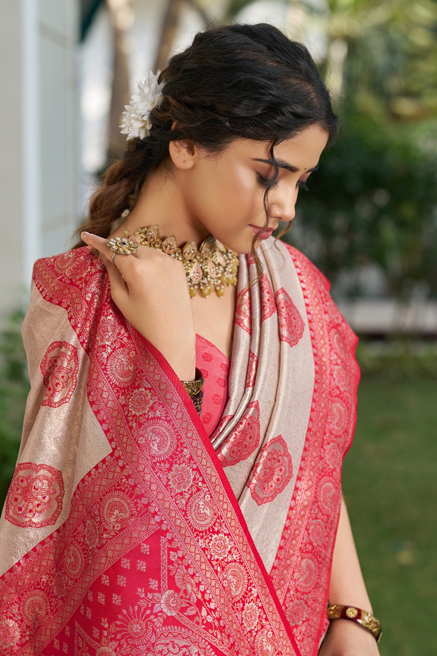 Buy MySilkLove Misty Cream and Pink Woven Banarasi Saree Online