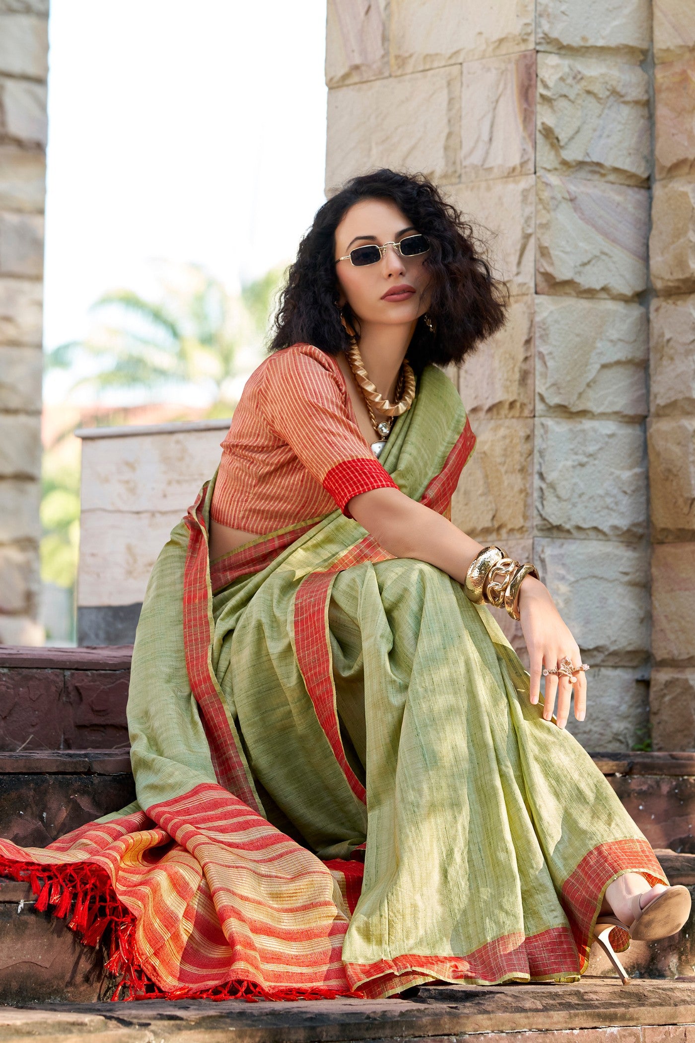 Buy MySilkLove Clay Creek Green Handloom Katan Saree Online