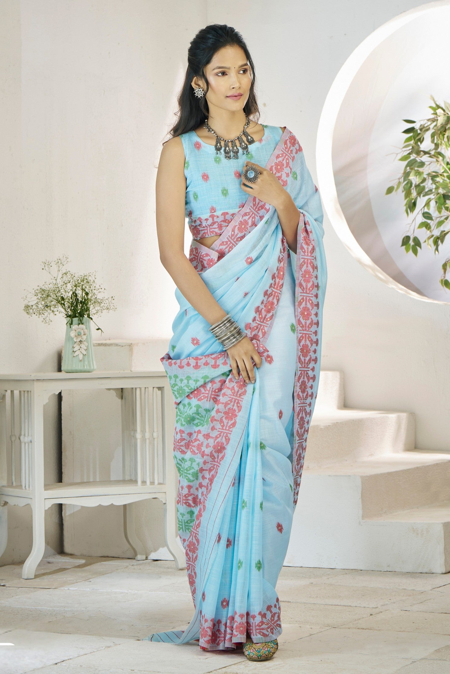 Buy MySilkLove Nepal Blue Woven Linen Saree Online