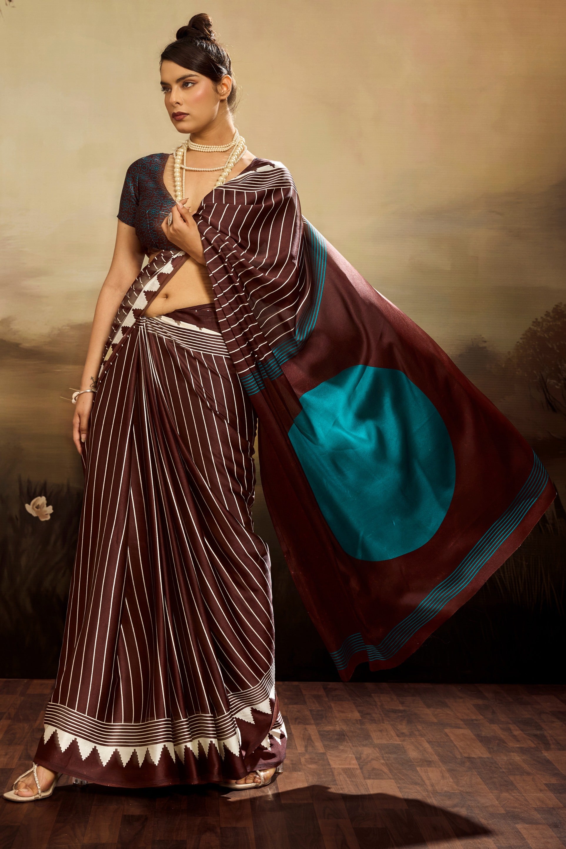 Buy MySilkLove Hickory Brown Ajrakh Printed Satin Crepe Silk Saree Online