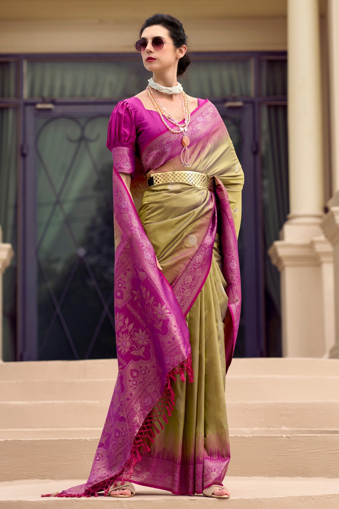 Buy MySilkLove Metallic Green Woven Banarasi Soft Silk Saree Online