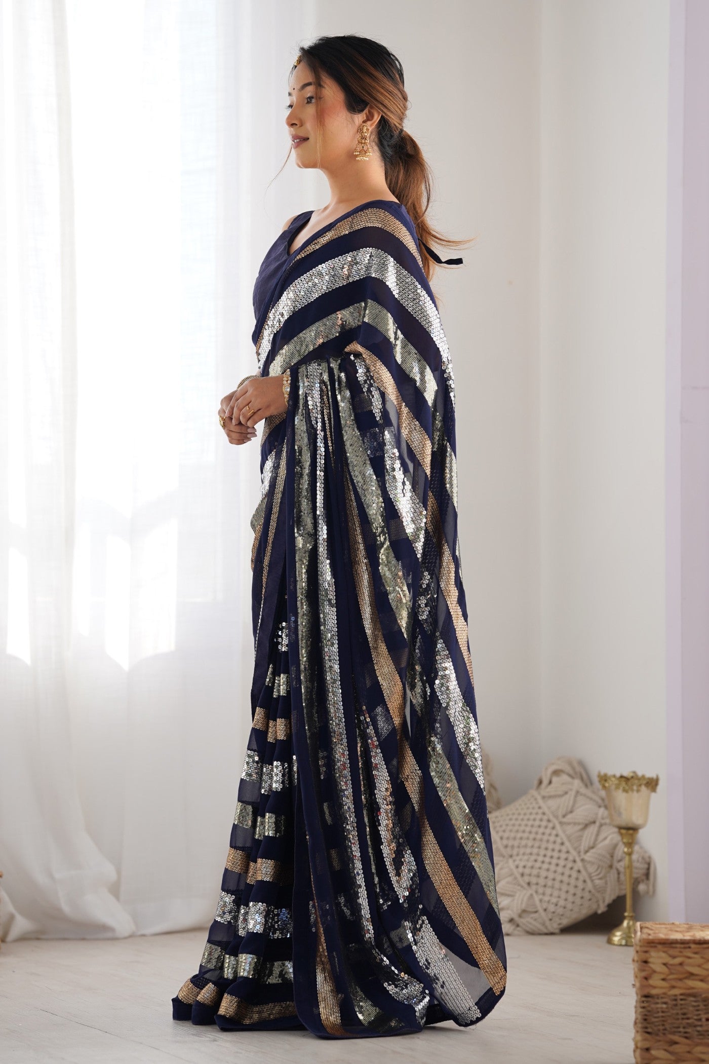 Buy MySilkLove Navy Blue Georgette Partywear Saree Online