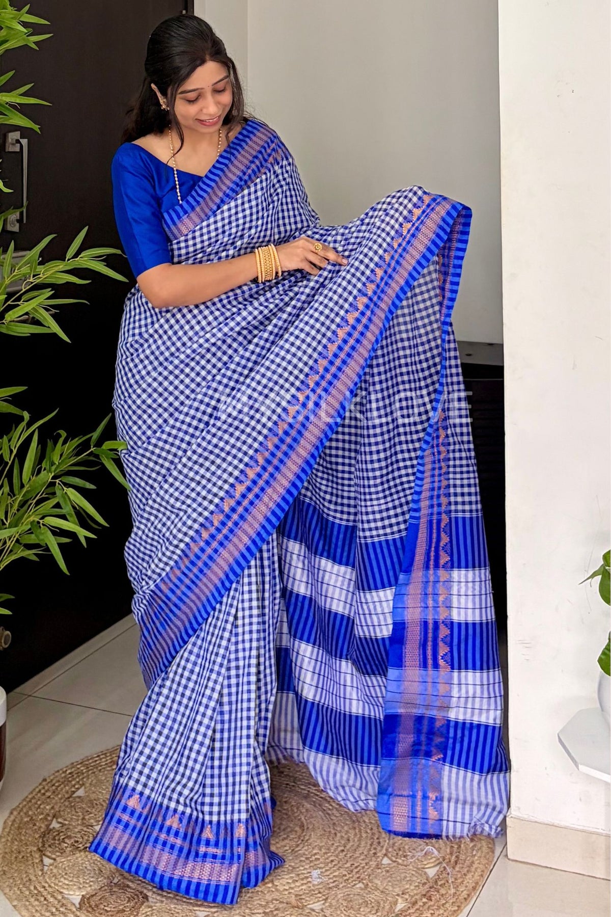 Buy MySilkLove Regal Blue Soft Cotton Check Pattern Irkal Saree Online