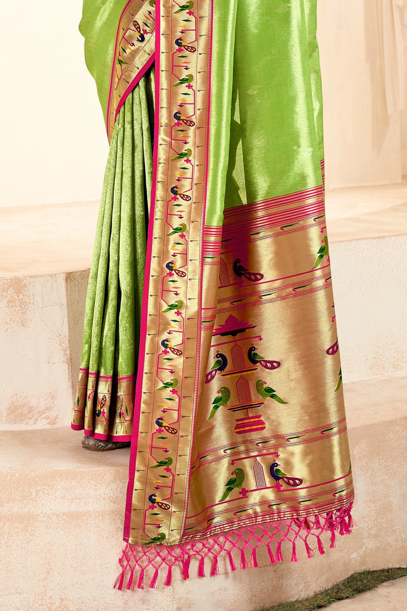 Buy MySilkLove Primrose Green Zari Woven Paithani Tissue Saree Online