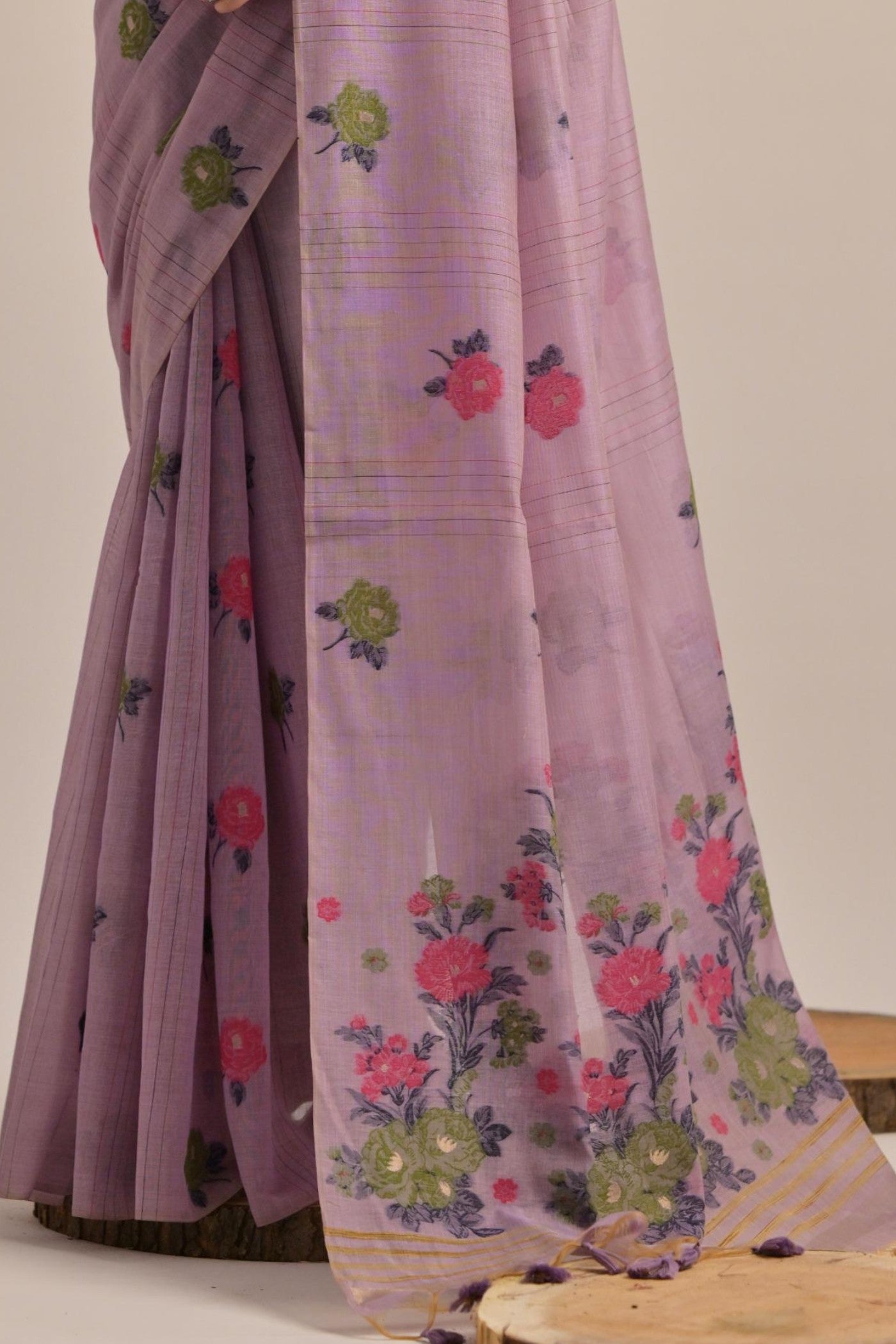 Buy MySilkLove African Lavender Floral Woven Muga Cotton Saree Online