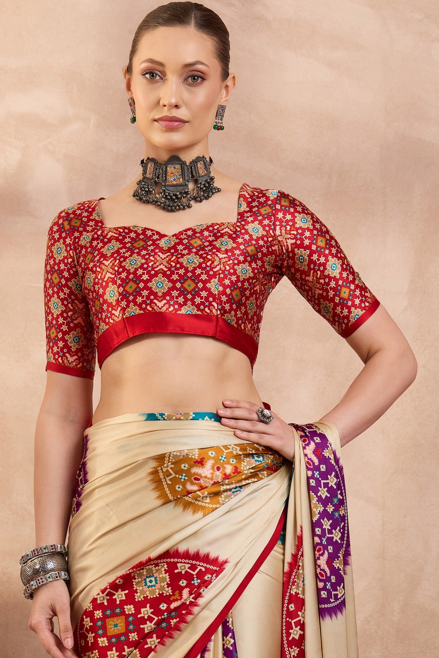 Buy MySilkLove Bright Cream and Red Modal Ajrakh Printed Silk Saree Online