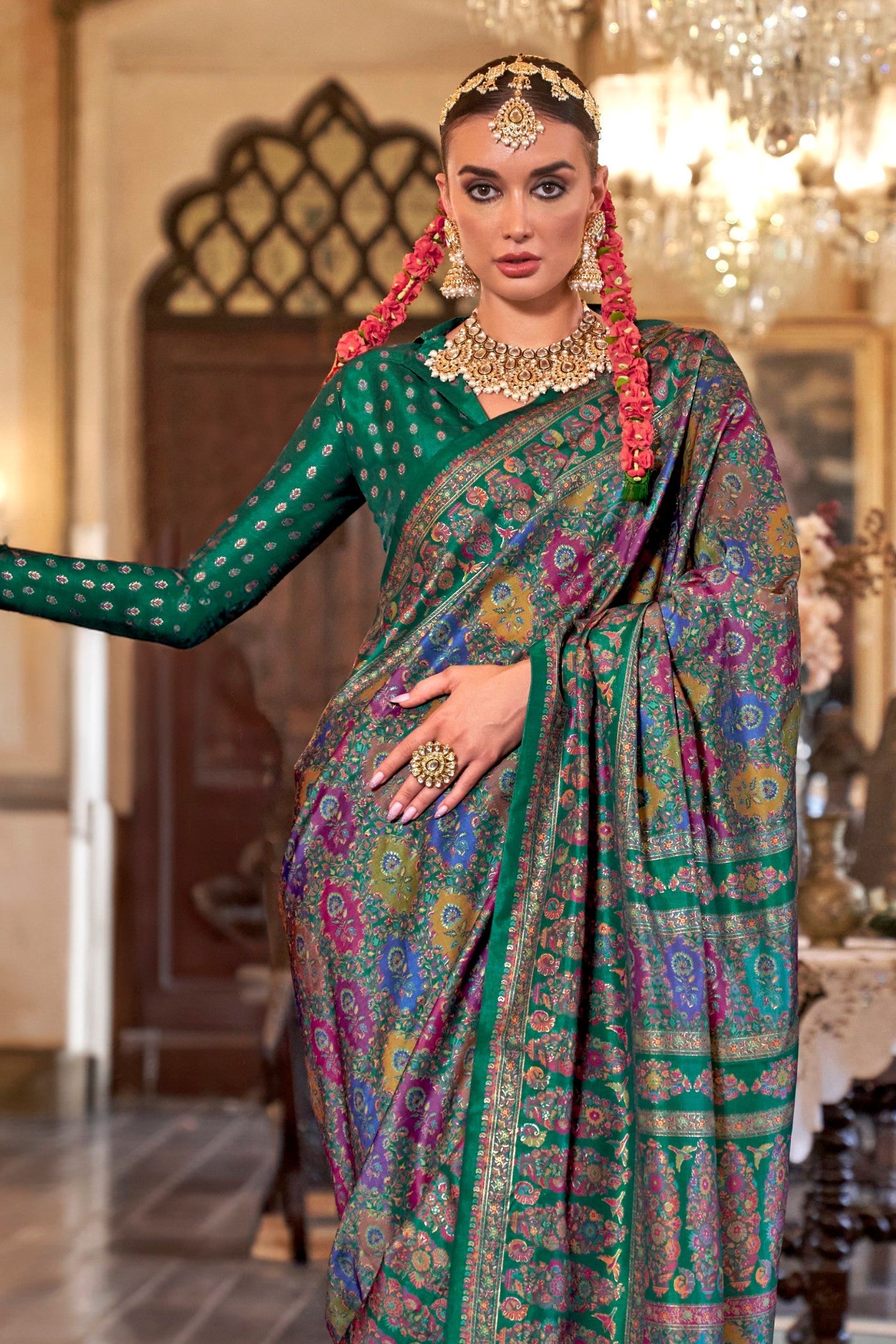 Buy MySilkLove Plantation Green Printed Jamewar Saree Online