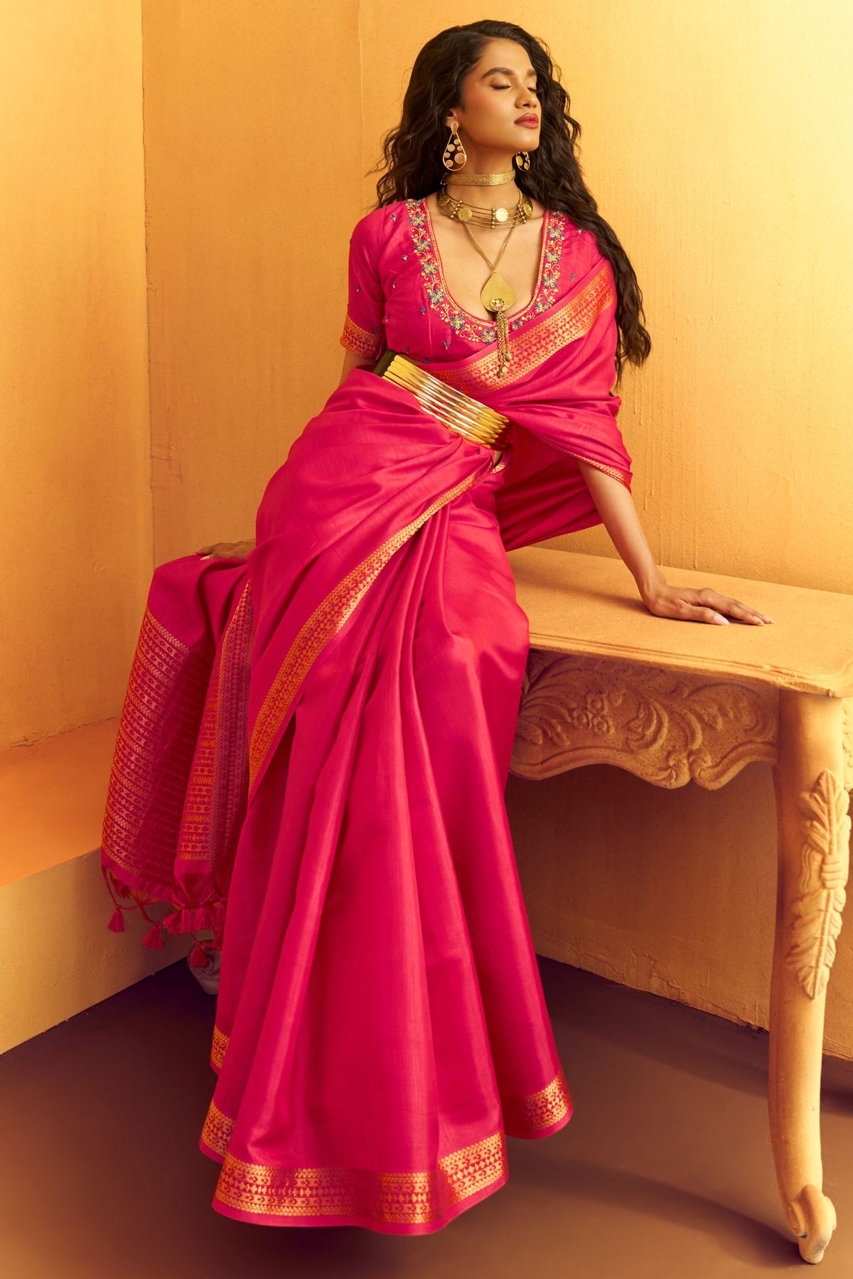 Buy MySilkLove Bright Pink Tussar Handloom Silk Saree Online