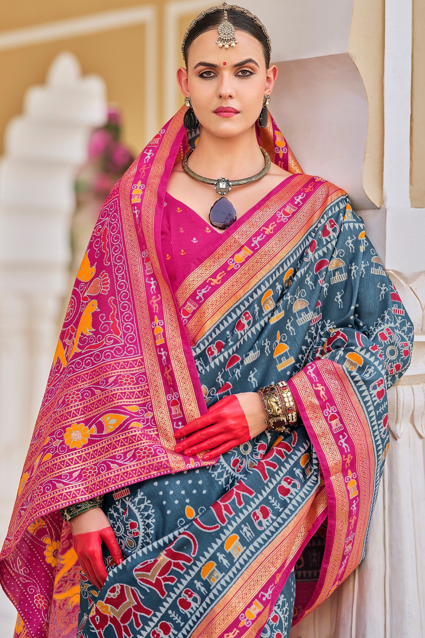 Buy MySilkLove Horizon Blue and Pink Printed Patola Saree Online