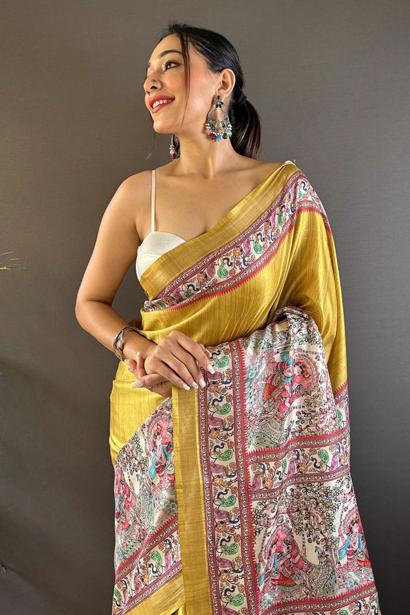 Buy MySilkLove Anzac Yellow Madhubani Printed Tussar Silk Saree Online