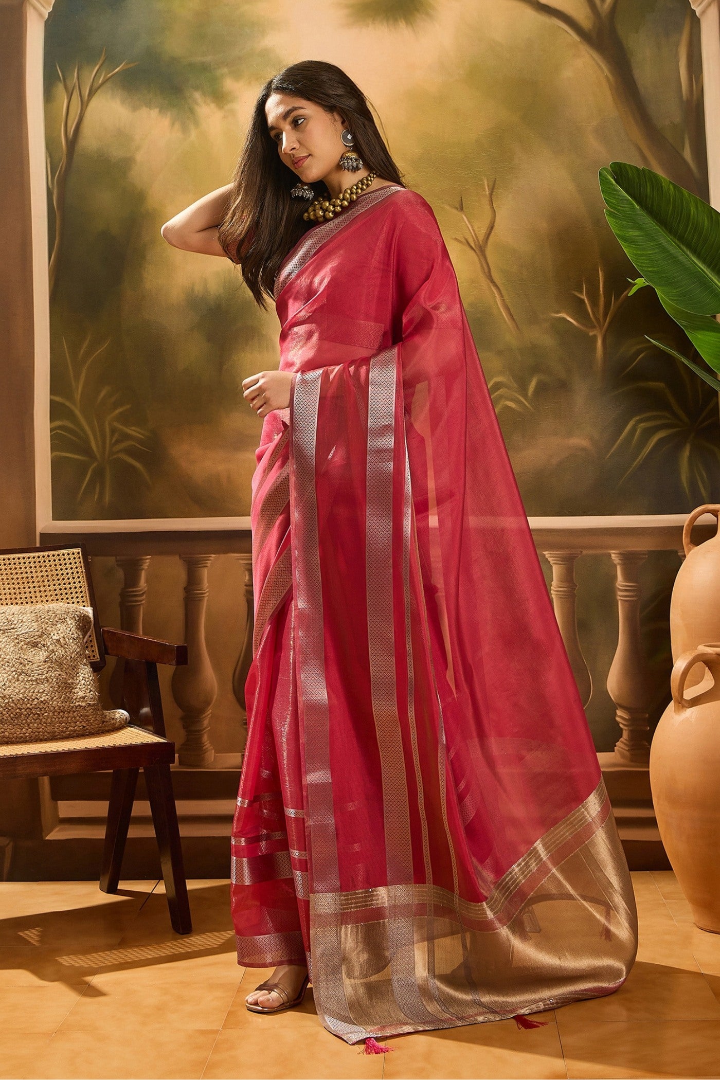 Buy MySilkLove Fire Red Woven Organza Saree Online