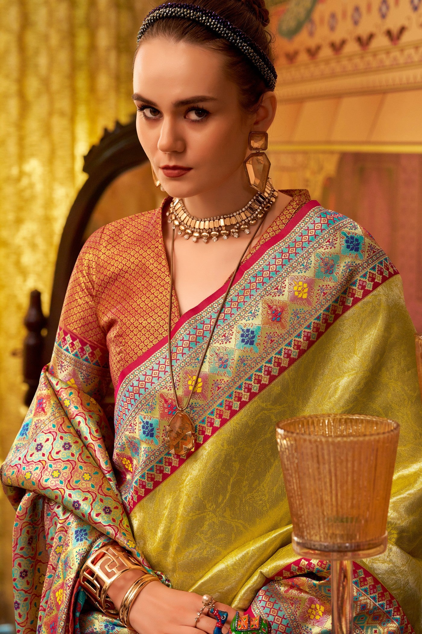 Buy MySilkLove Fuel Yellow Woven Tissue Silk Saree Online