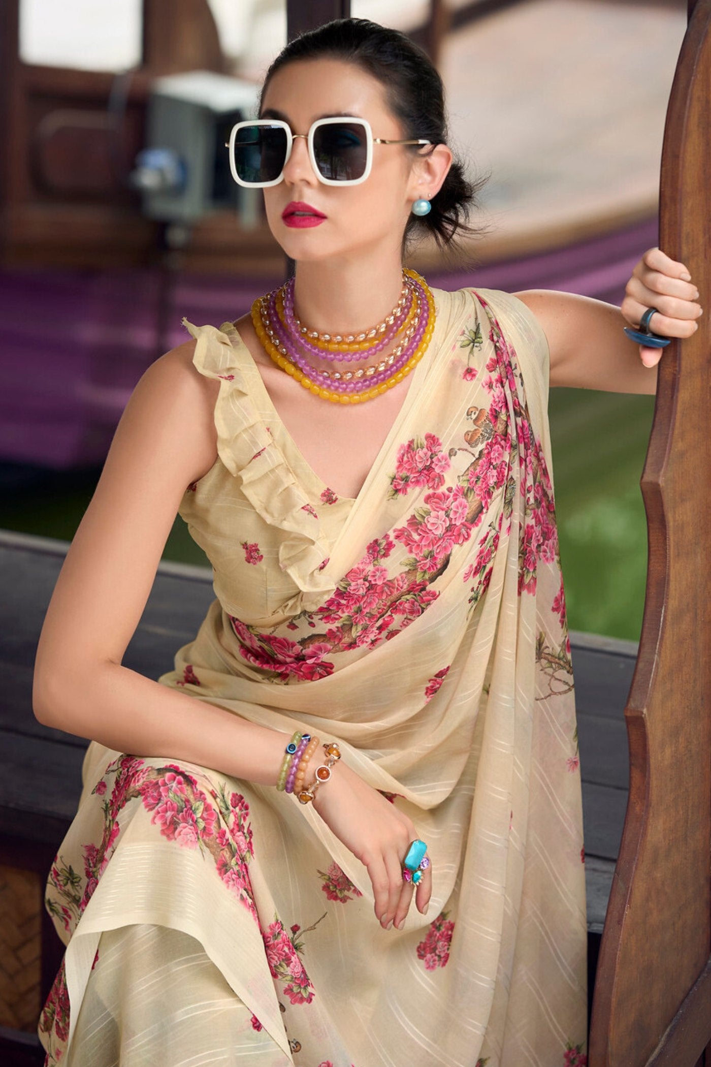 Buy MySilkLove Varden Cream Chiffon Silk Saree Online