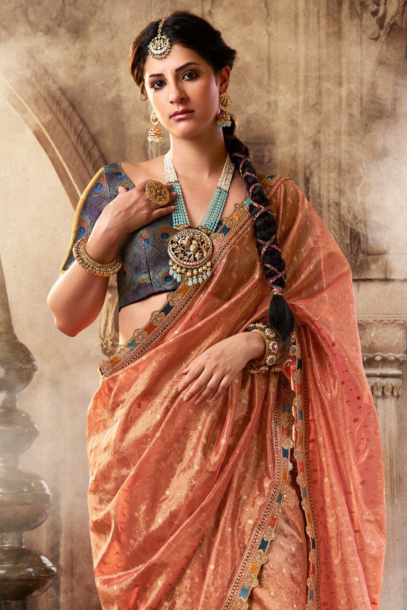 Buy MySilkLove Japonica Peach Tissue Designer Saree Online