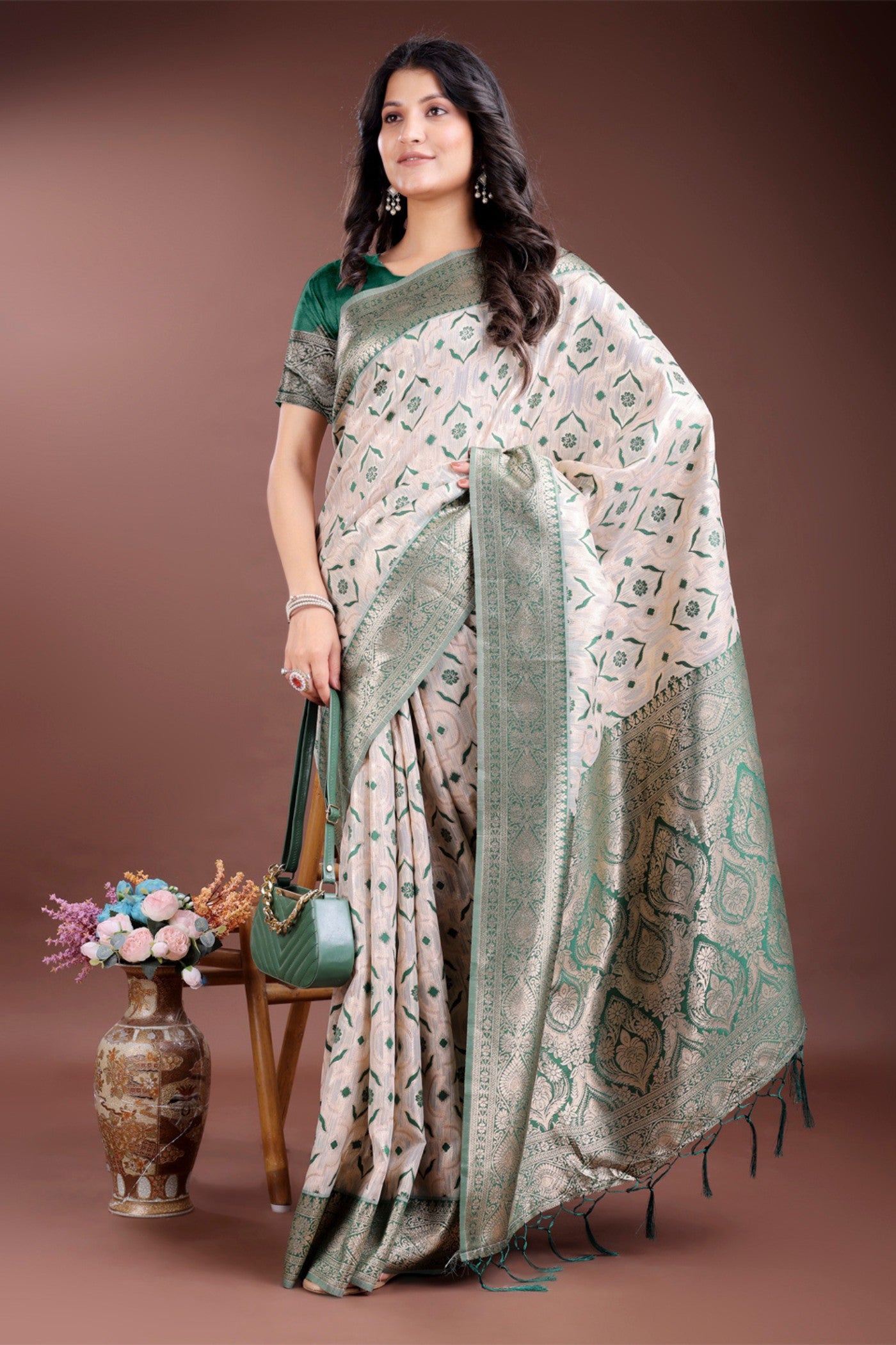 Buy MySilkLove Clover Green and White Linen Cotton Saree Online