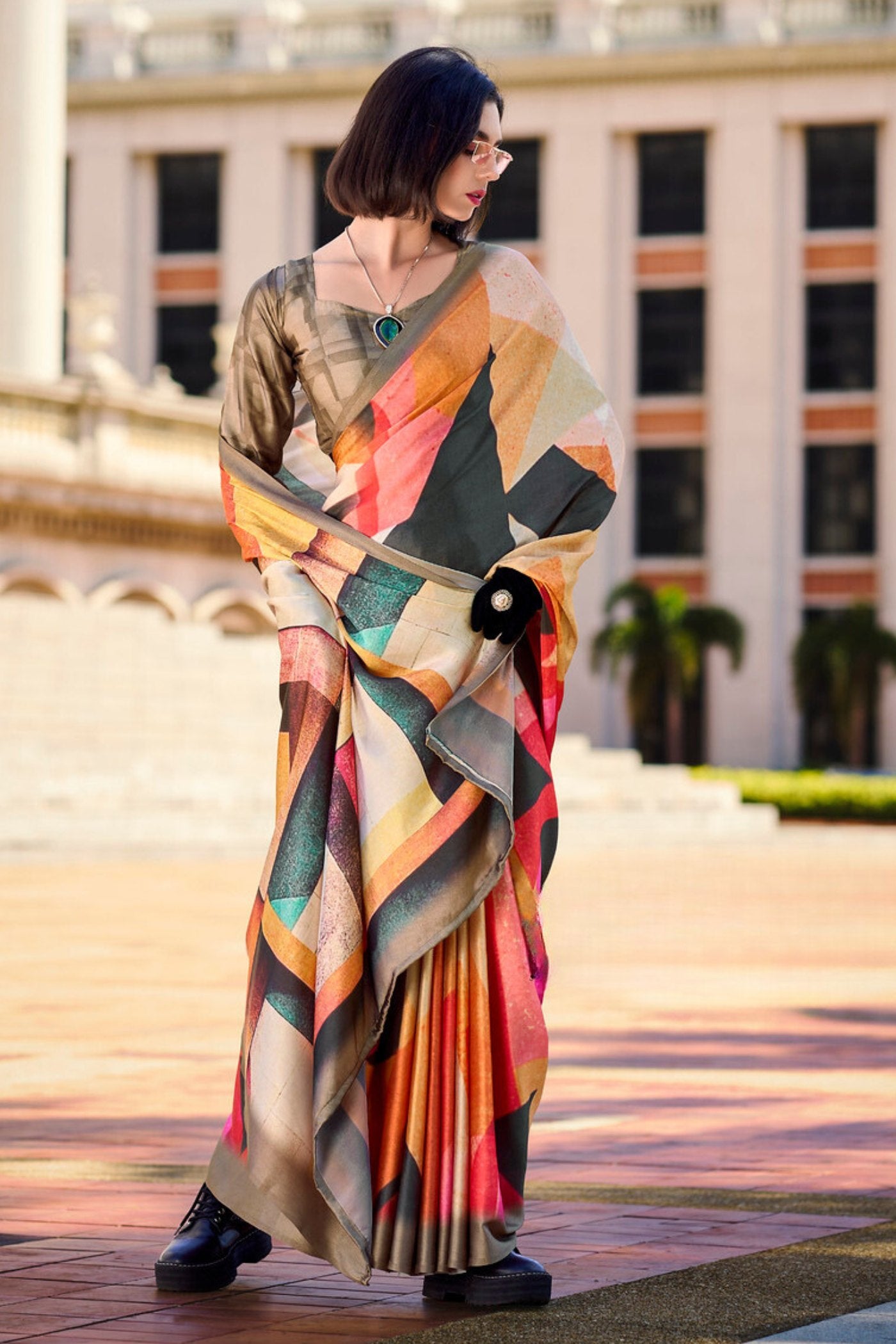 Buy MySilkLove Multicolor Ornage Printed Satin Crepe Silk Saree Online