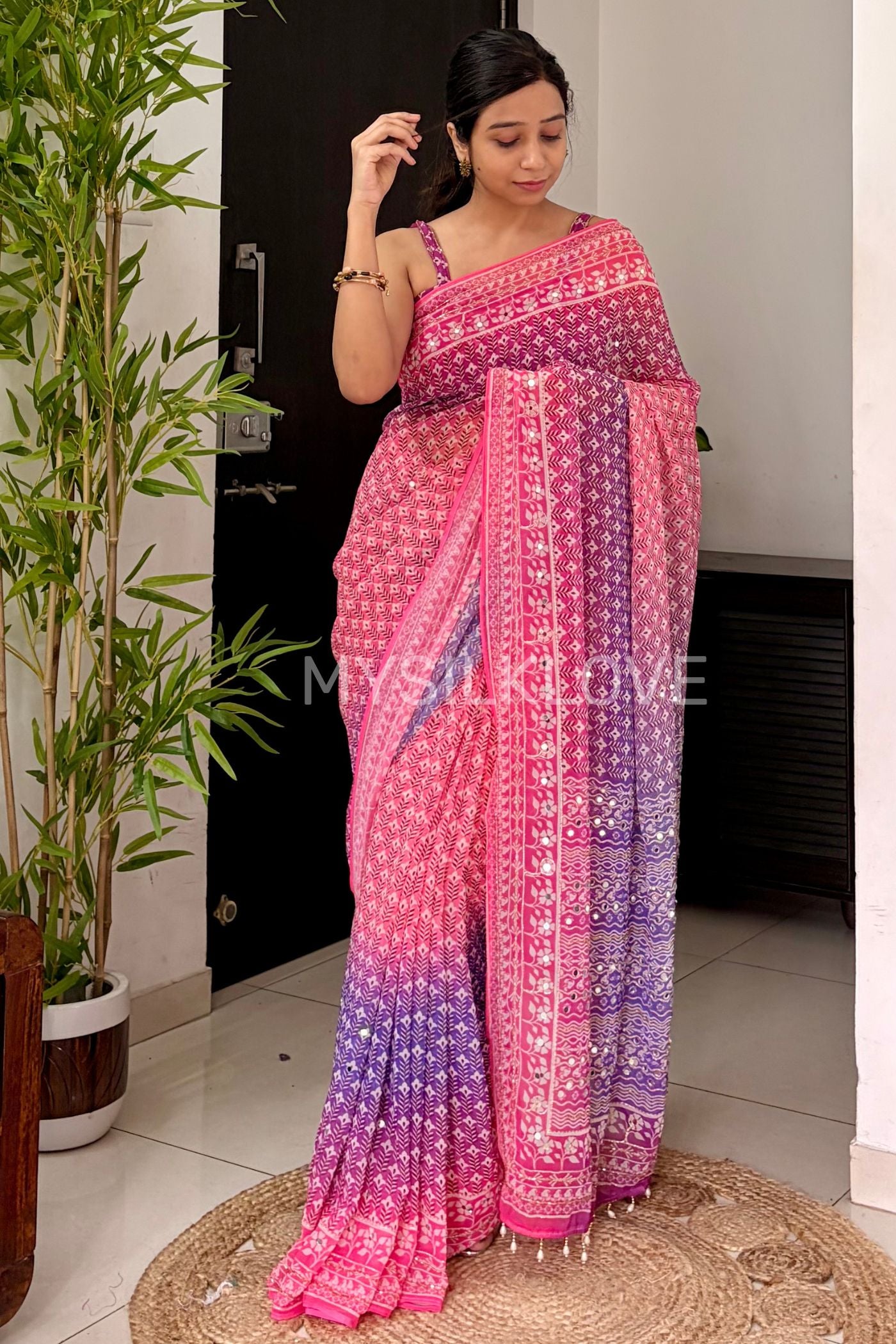 Buy MySilkLove Kareena Kapoor Inspired: Pink Ajrakh Georgette Mirror Work Saree Online