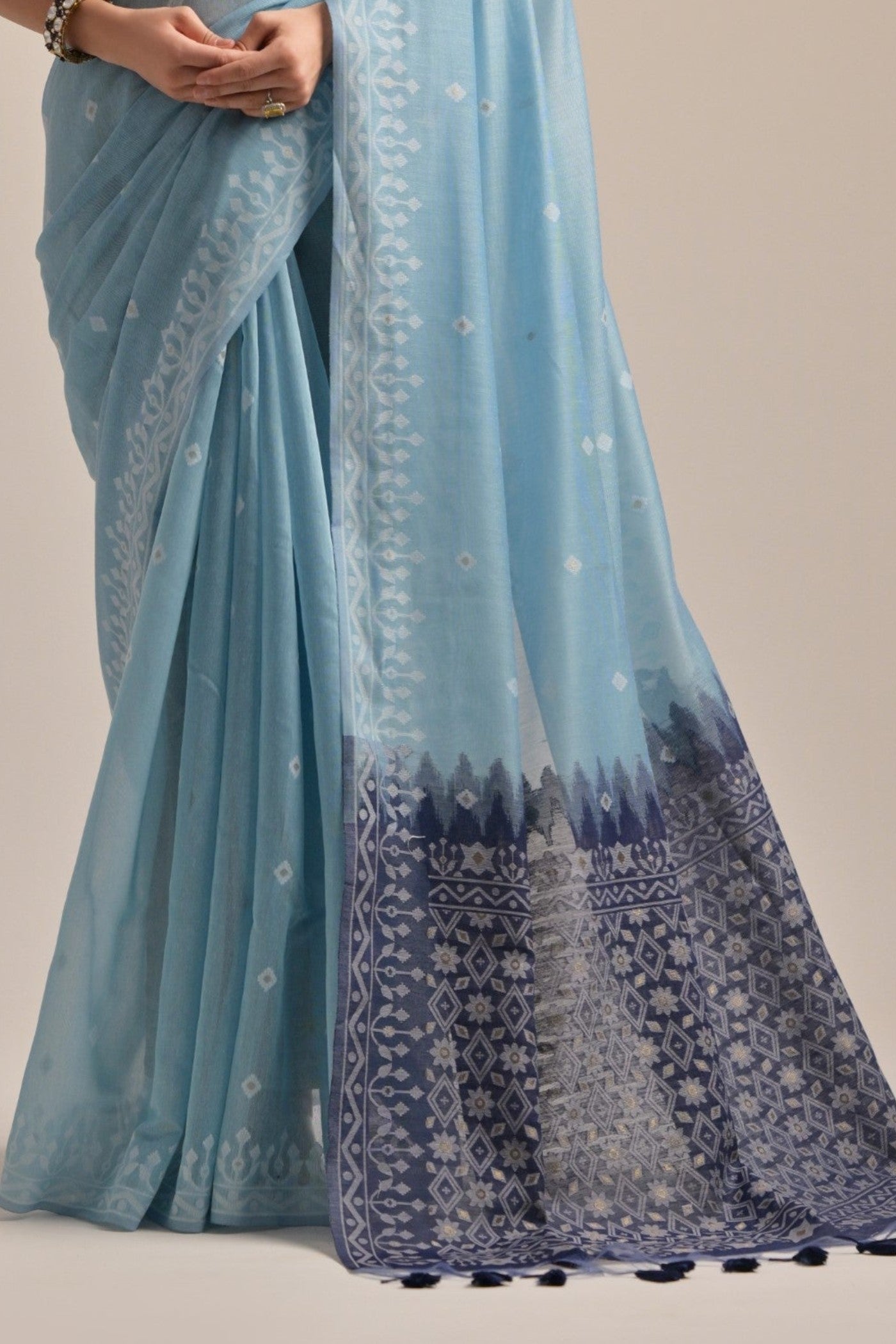 Buy MySilkLove Jungle Mist Blue Lucknowi Woven Muga Cotton Saree Online