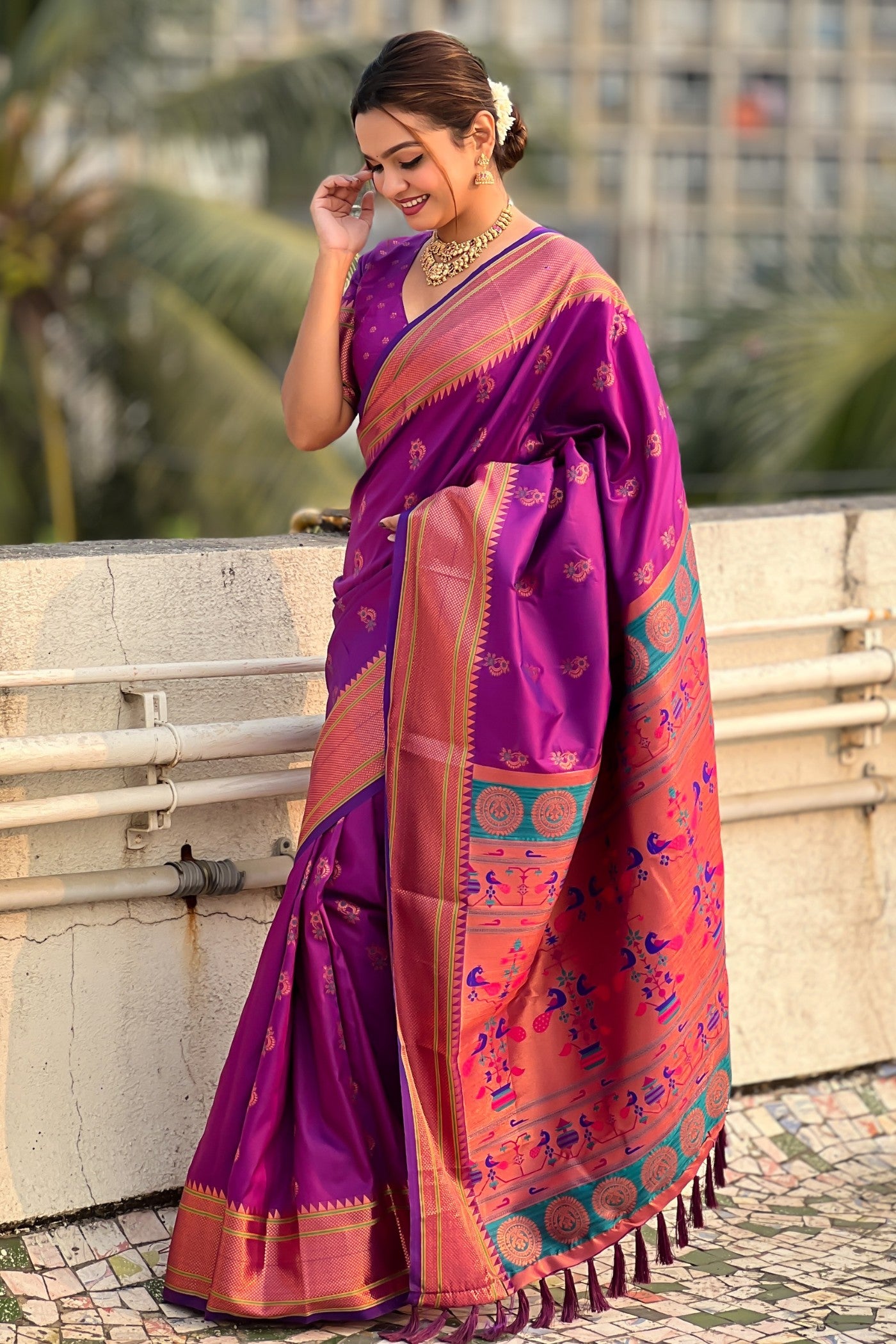 Buy MySilkLove Berry Purple Zari Woven Nath Paithani Saree Online