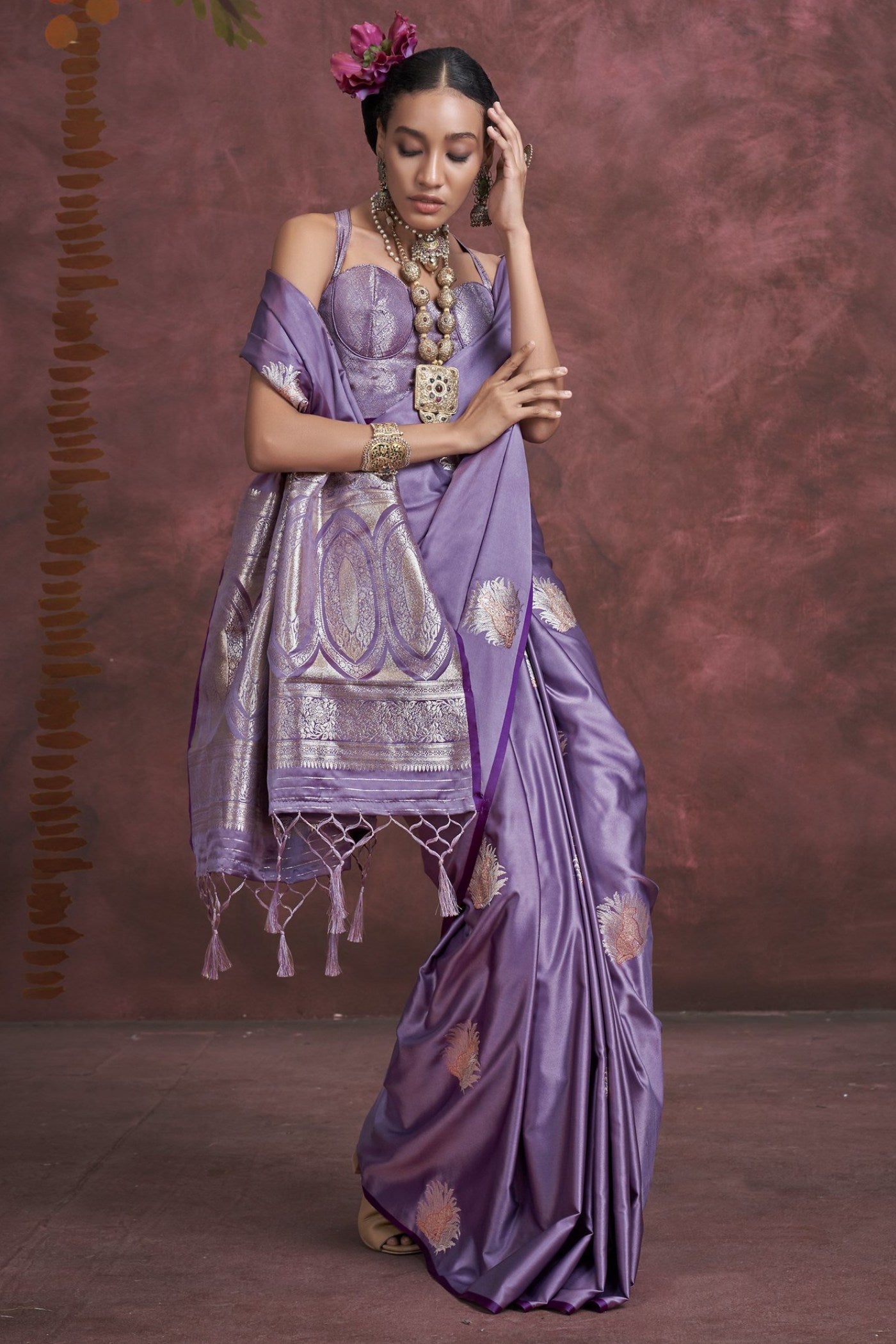 Buy MySilkLove Brandy Purple Handloom Satin Banarasi Saree Online