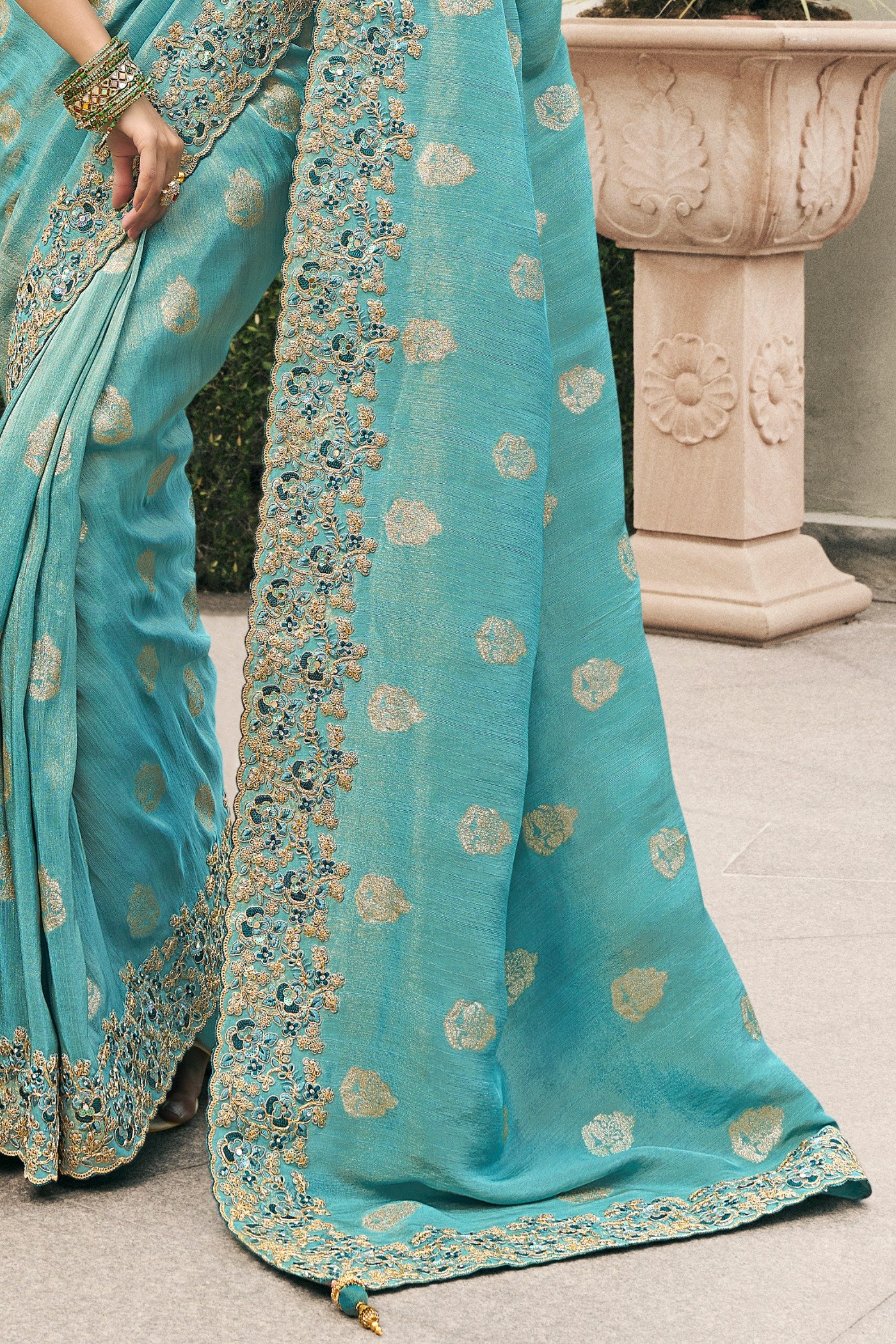 Buy MySilkLove Sky Blue Banarasi Designer Embroidered Saree Online